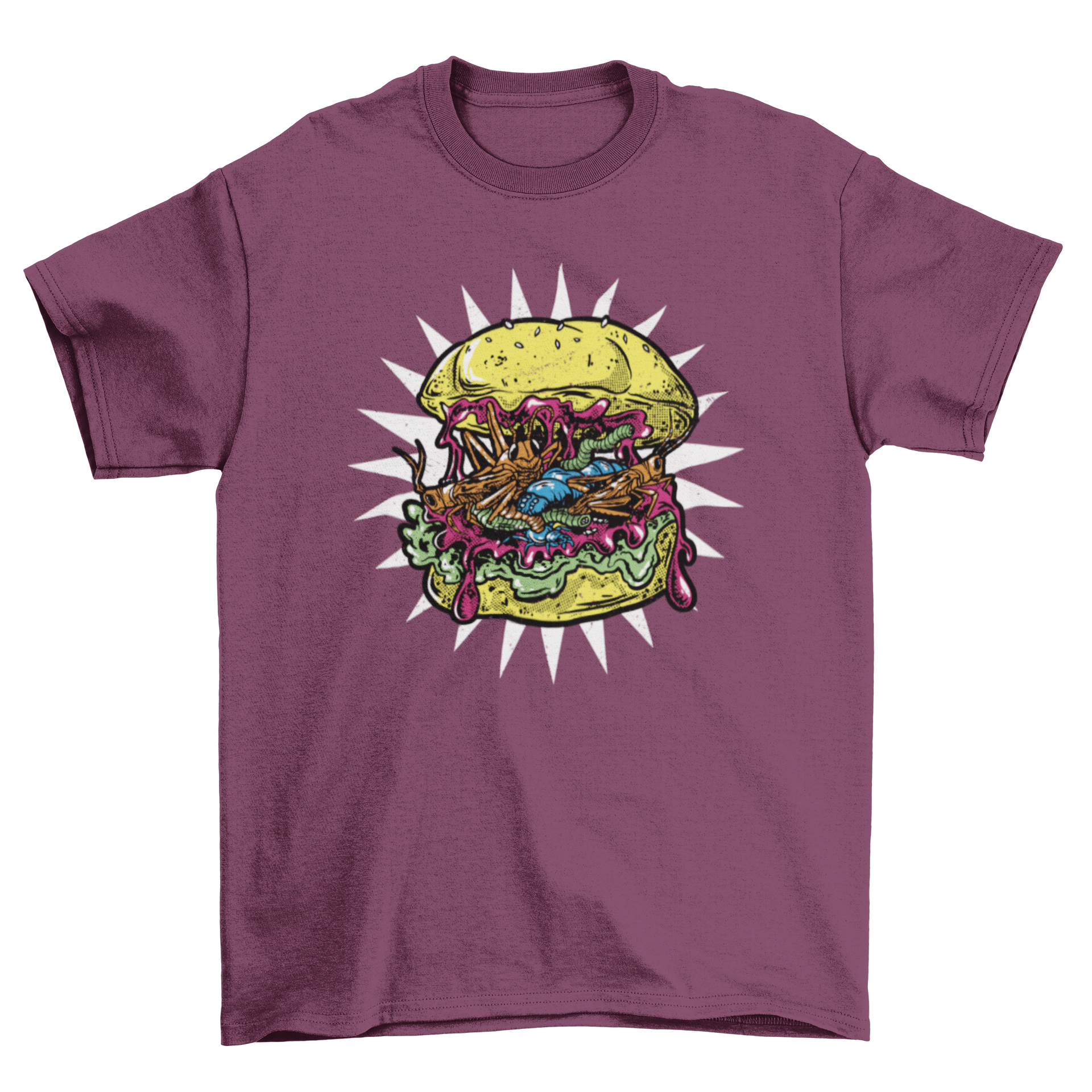 A colorful t-shirt featuring a surreal insect burger design, perfect for unique fashion lovers.