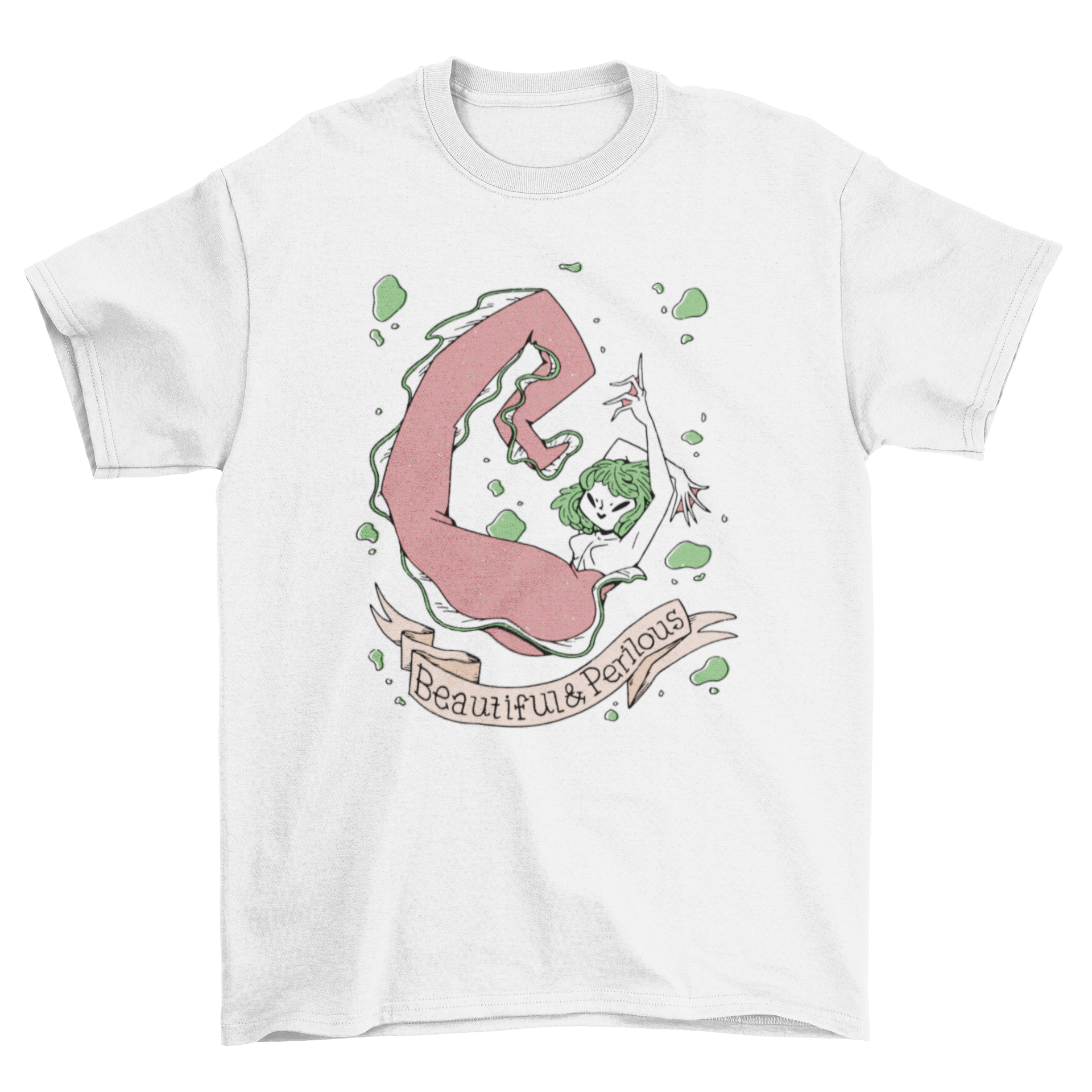 Creepy mermaid cartoon creature t-shirt featuring a short-haired mermaid and the quote 'Beautiful and perilous'.