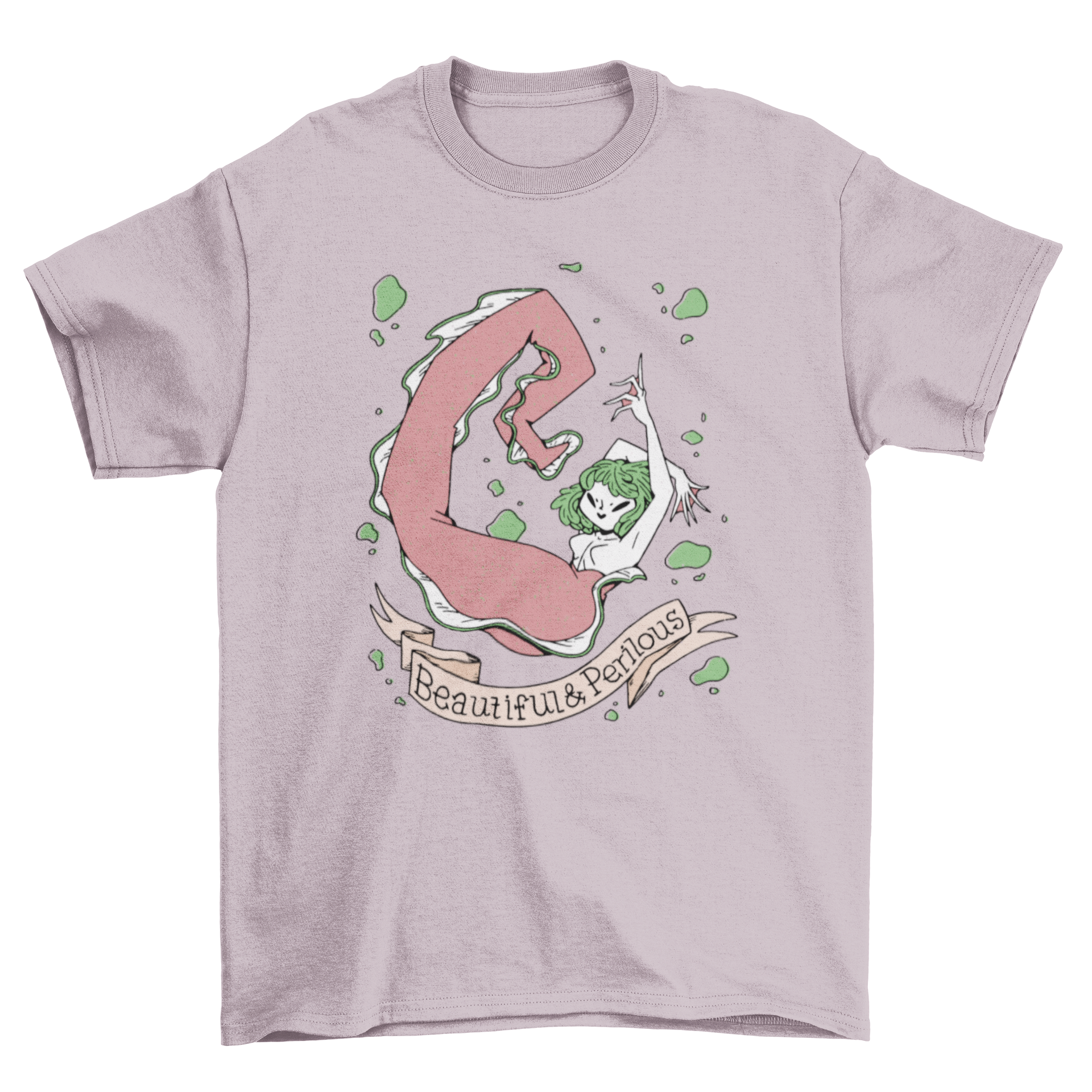 Creepy mermaid cartoon creature t-shirt featuring a short-haired mermaid and the quote 'Beautiful and perilous'.