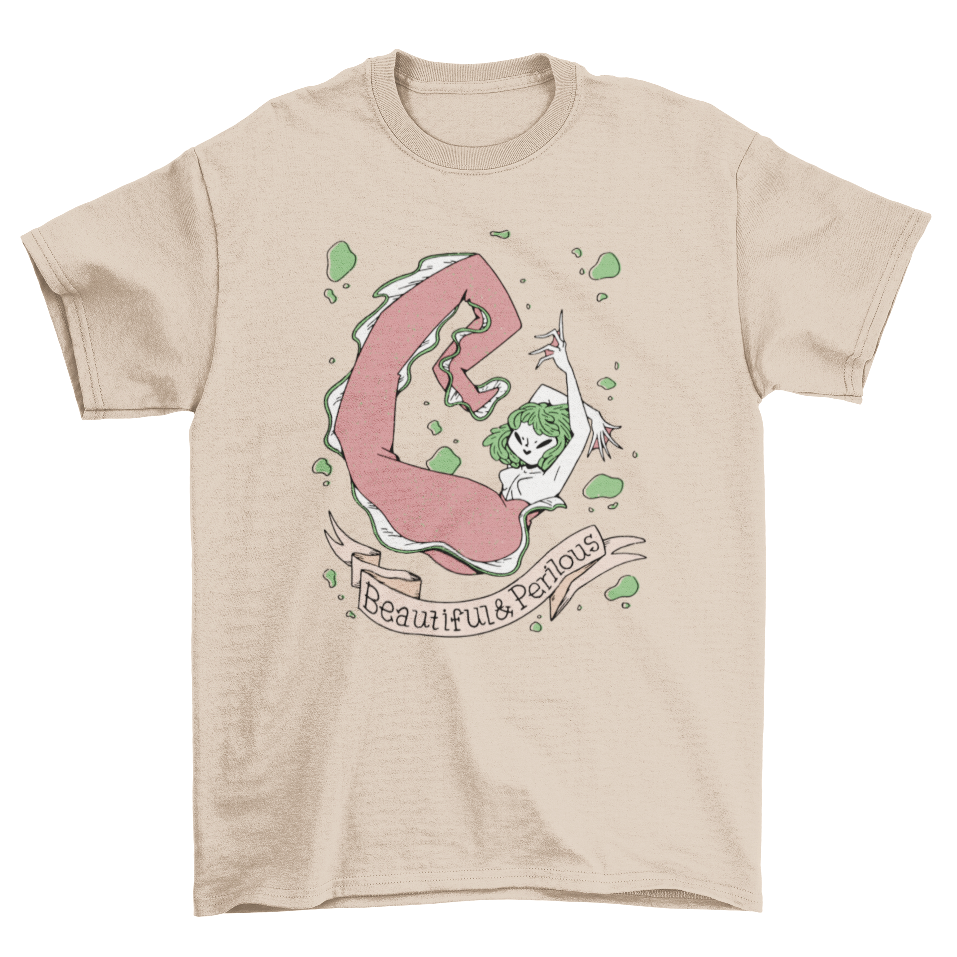 Creepy mermaid cartoon creature t-shirt featuring a short-haired mermaid and the quote 'Beautiful and perilous'.