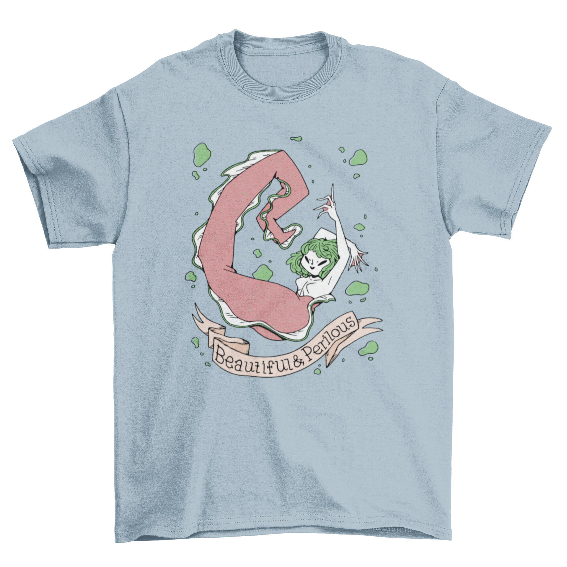 Creepy mermaid cartoon creature t-shirt featuring a short-haired mermaid and the quote 'Beautiful and perilous'.