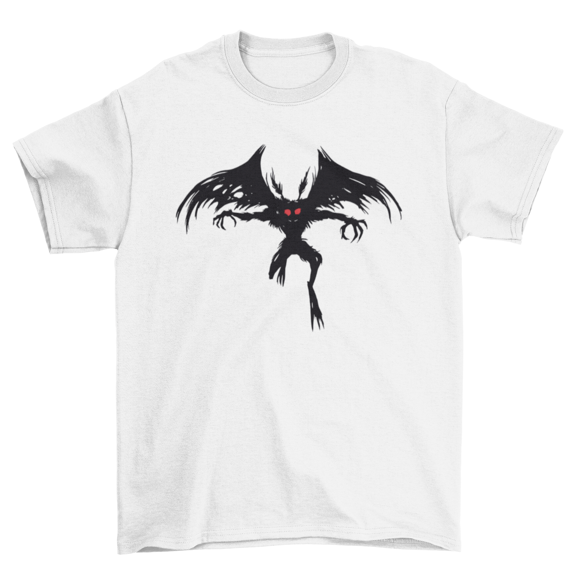 Creepy t-shirt featuring a detailed illustration of the Mothman flying against a dark background.