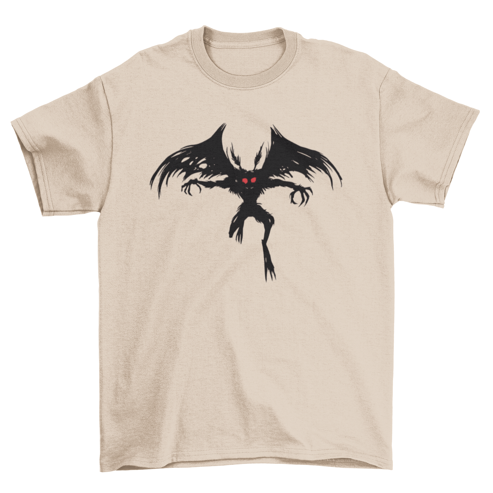 Creepy t-shirt featuring a detailed illustration of the Mothman flying against a dark background.