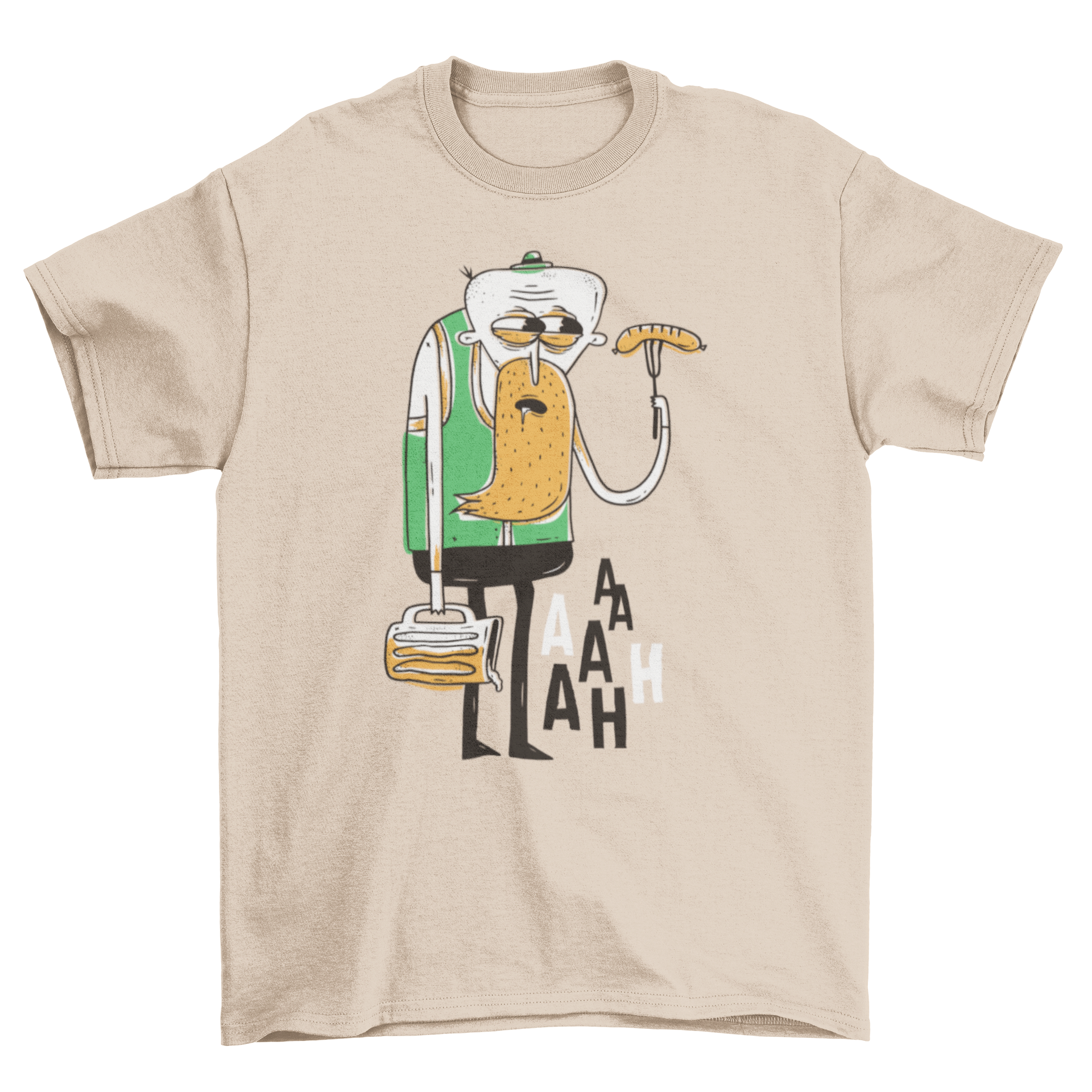 Creepy Oktoberfest t-shirt featuring a drunken man holding a beer mug and looking at a sausage with humorous letters.