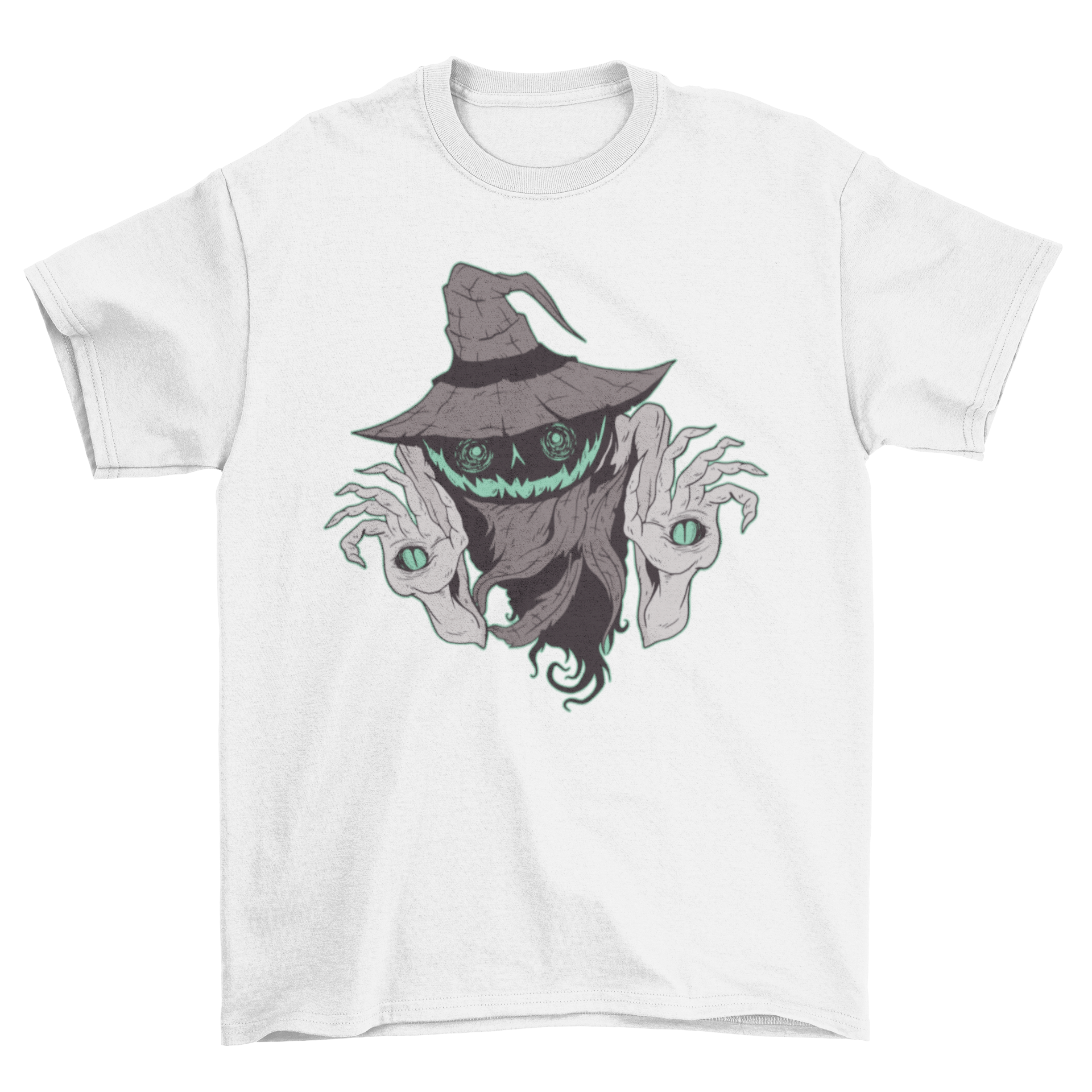 A creepy pumpkin monster t-shirt featuring a spooky illustration with a witch hat, perfect for Halloween.