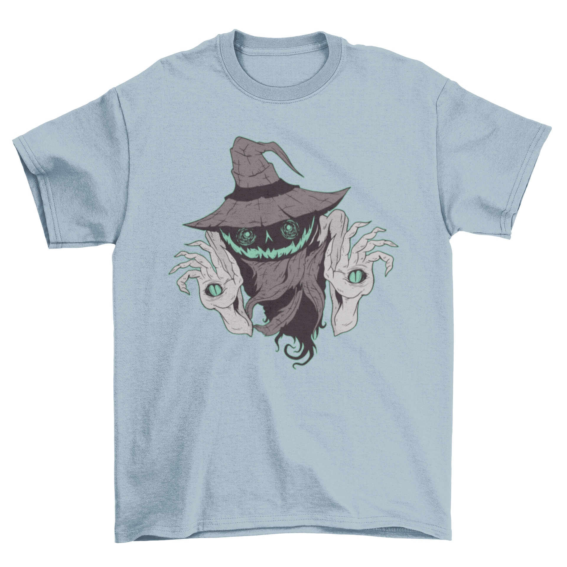 A creepy pumpkin monster t-shirt featuring a spooky illustration with a witch hat, perfect for Halloween.