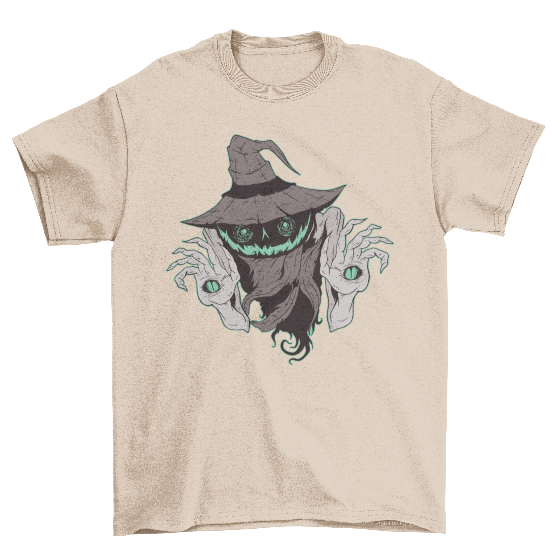 A creepy pumpkin monster t-shirt featuring a spooky illustration with a witch hat, perfect for Halloween.