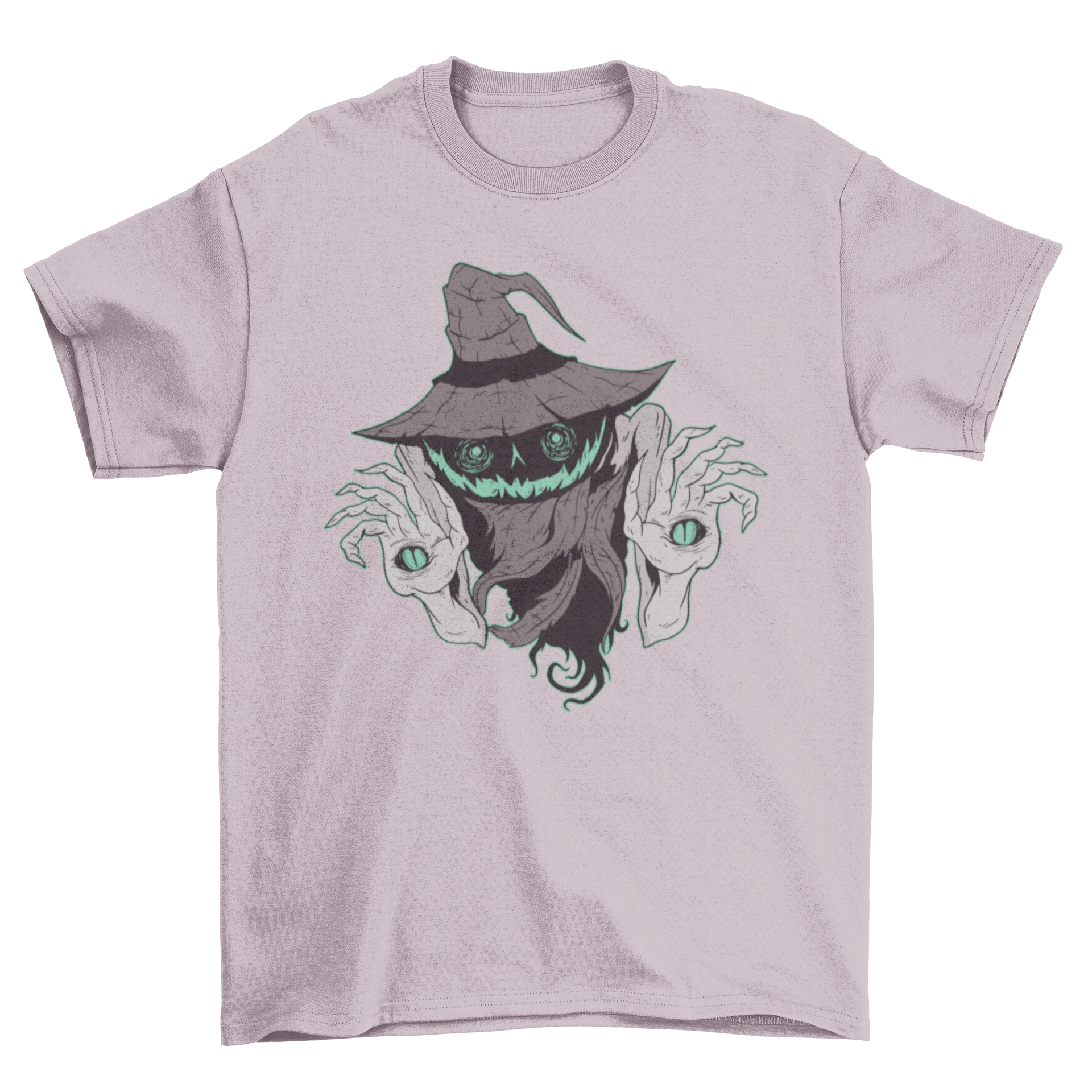 A creepy pumpkin monster t-shirt featuring a spooky illustration with a witch hat, perfect for Halloween.