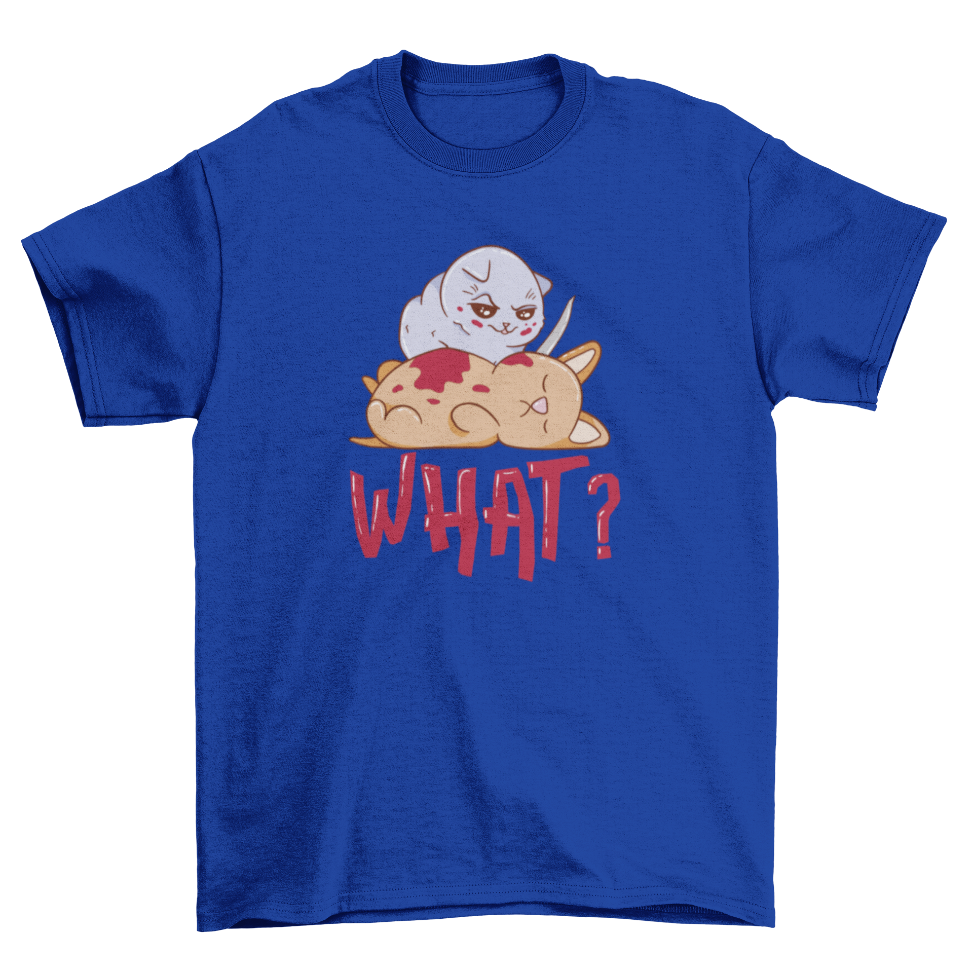 Creepy Psycho Cat T-shirt featuring a cartoonish cat with a dramatic pose and the quote 'What?'.