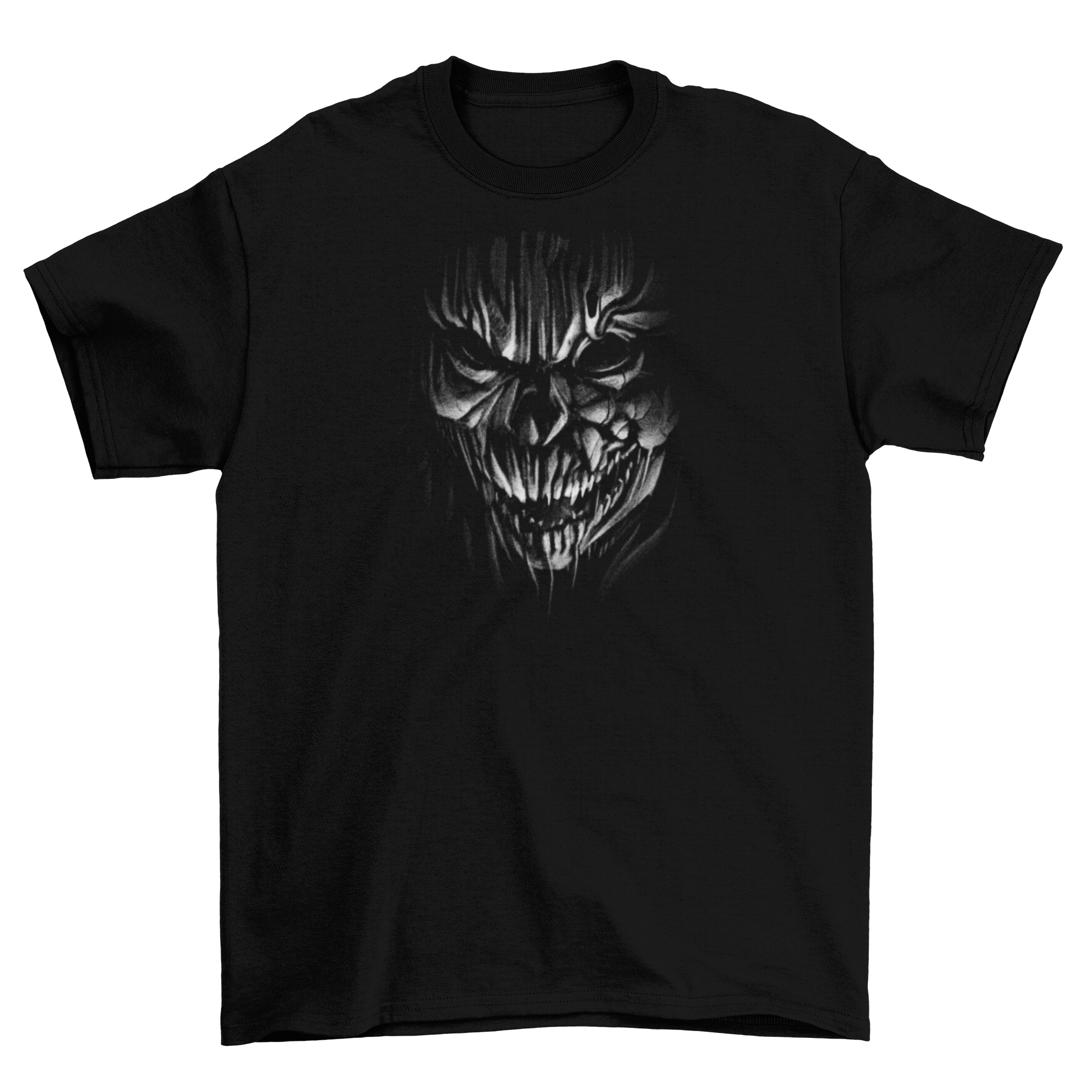 Creepy Skull Monster T-Shirt featuring a detailed black and white monster face design.