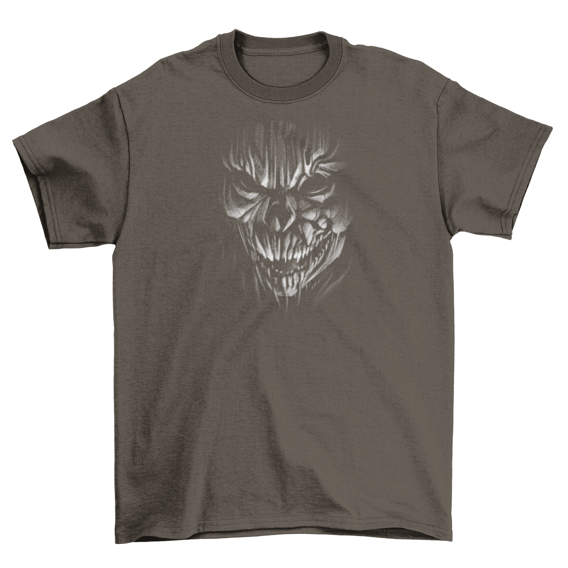 Creepy Skull Monster T-Shirt featuring a detailed black and white monster face design.