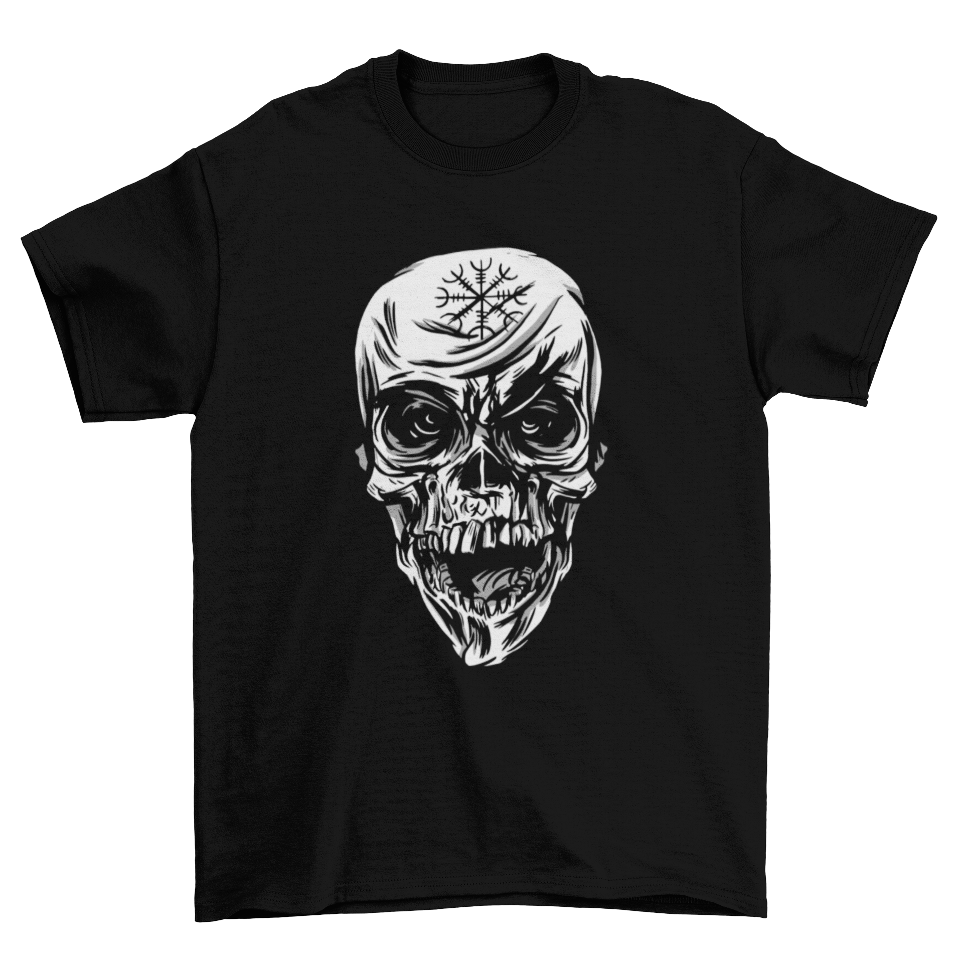 Creepy skull t-shirt featuring a detailed black and white skull design with a tattoo on its forehead.