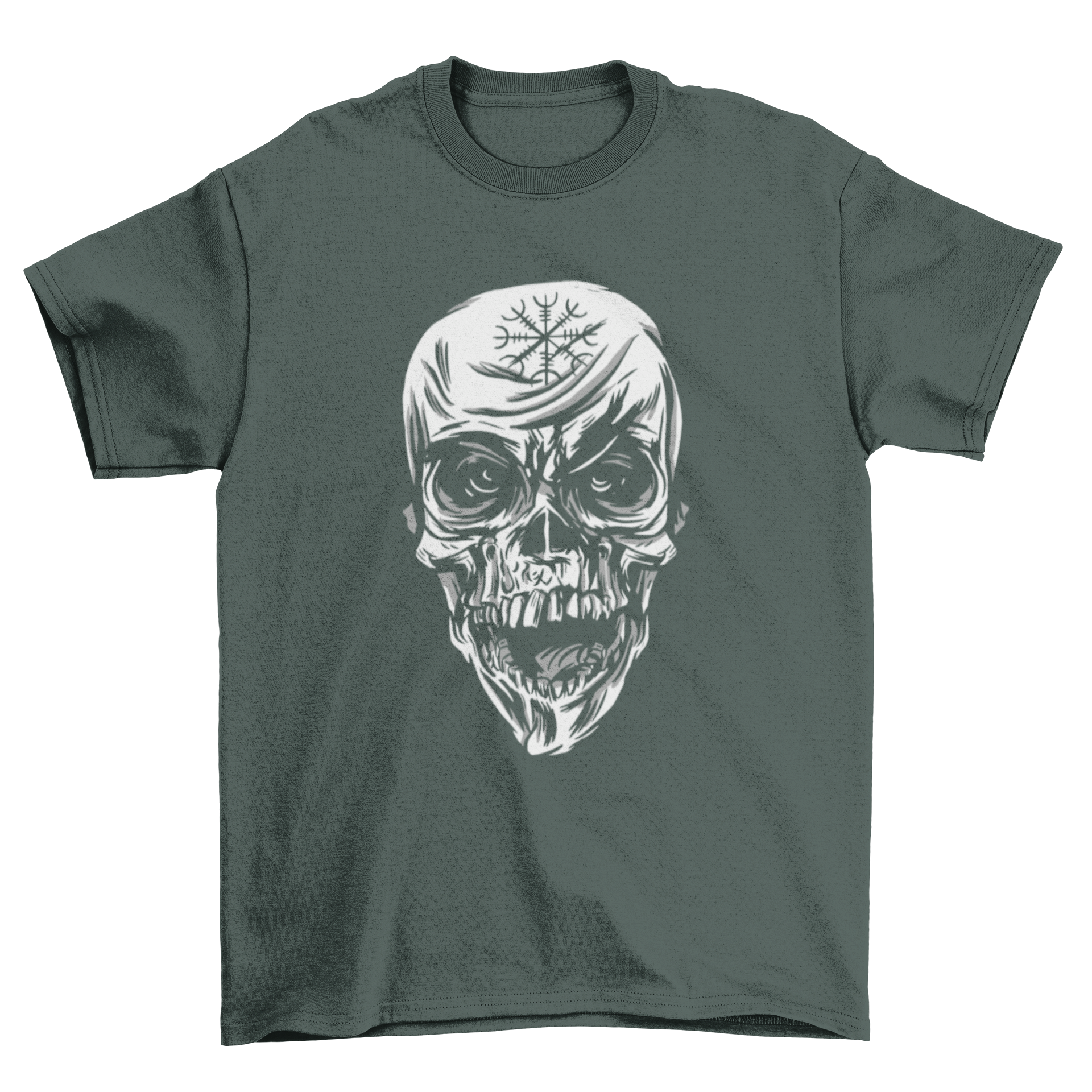 Creepy skull t-shirt featuring a detailed black and white skull design with a tattoo on its forehead.