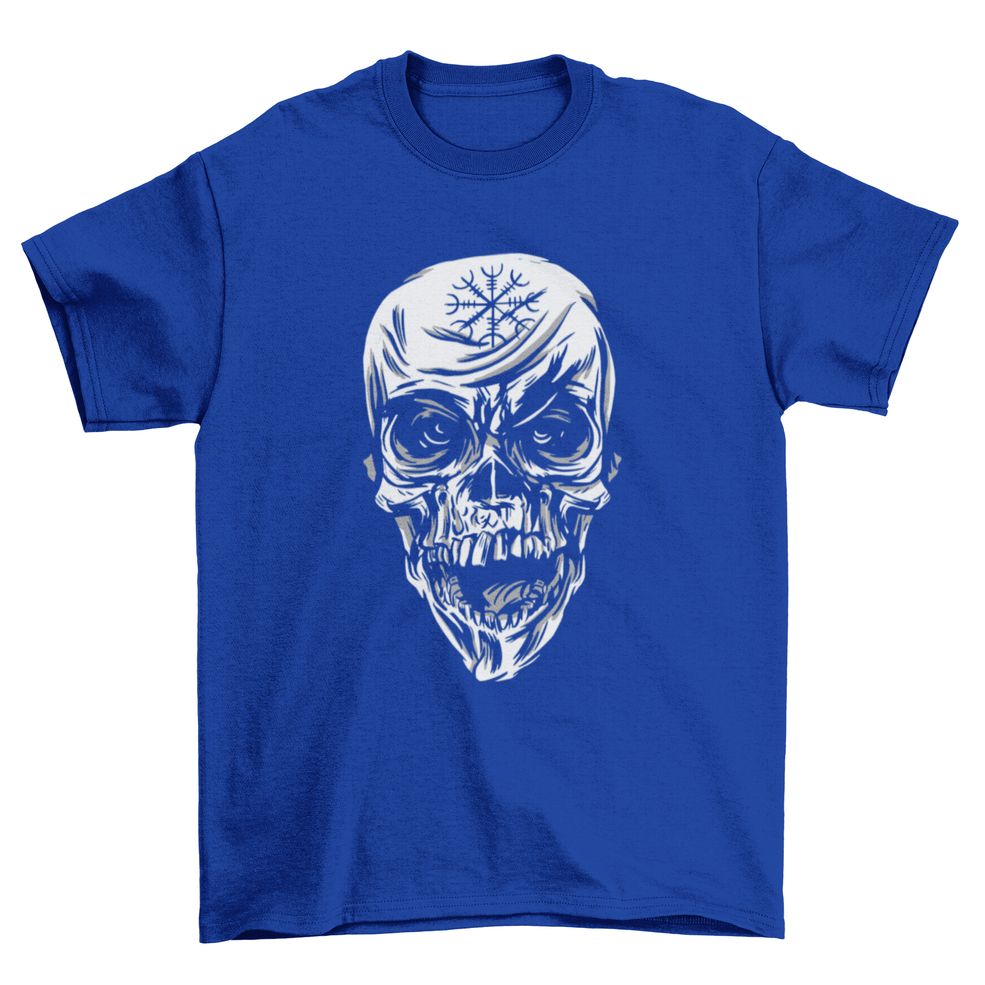 Creepy skull t-shirt featuring a detailed black and white skull design with a tattoo on its forehead.