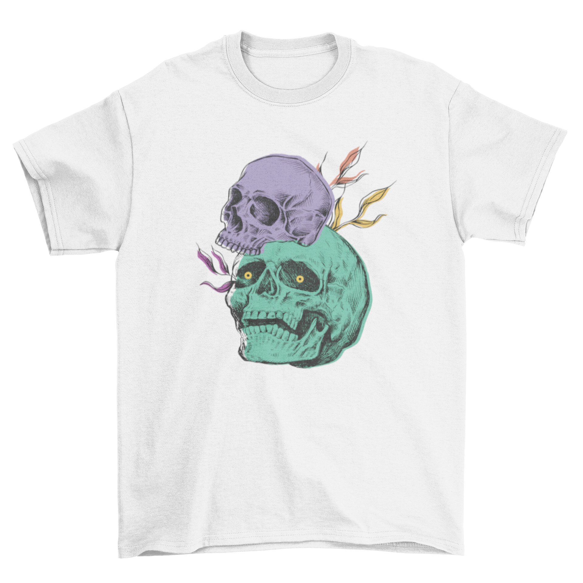 Creepy t-shirt featuring a vibrant purple and green skull illustration, perfect for Halloween or casual wear.