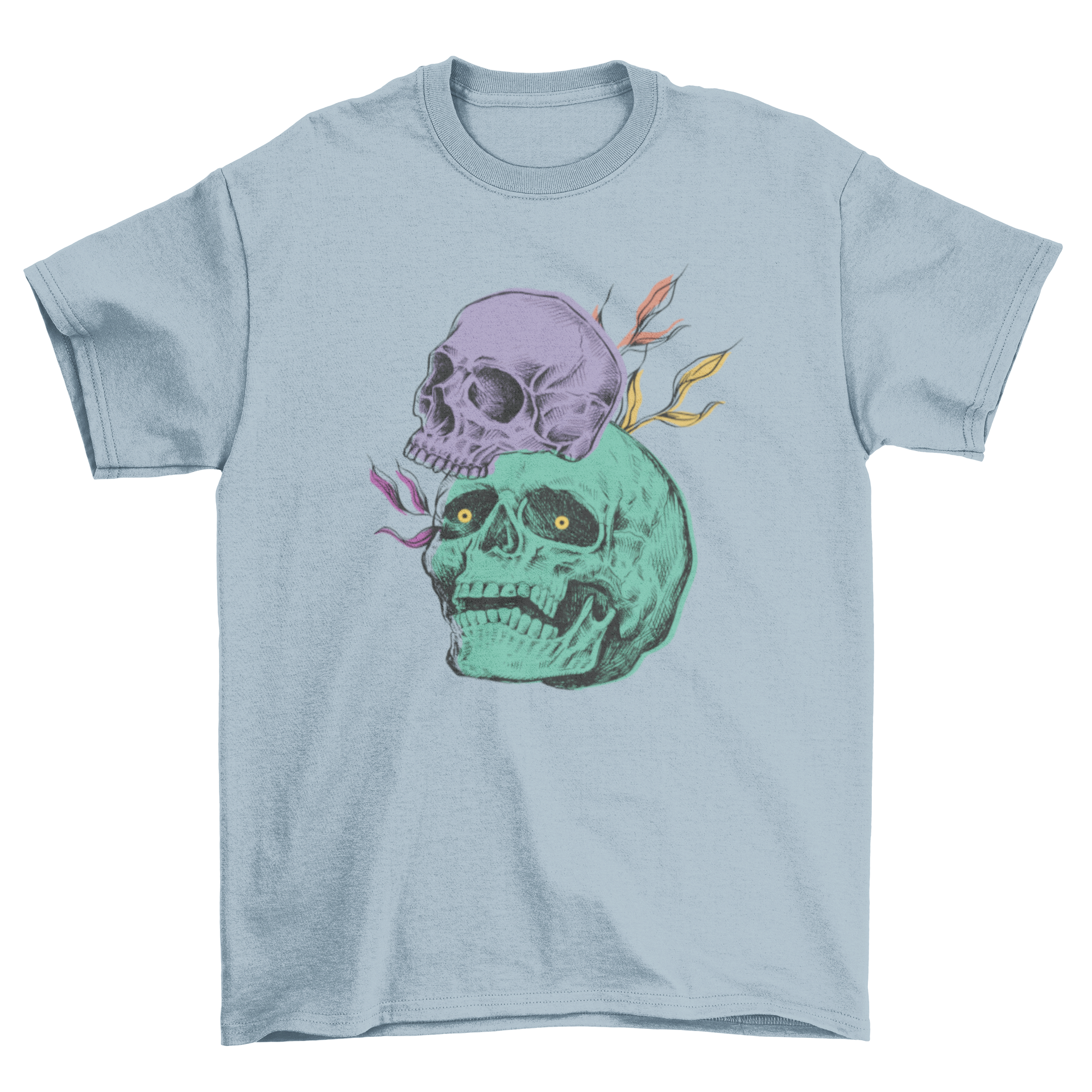 Creepy t-shirt featuring a vibrant purple and green skull illustration, perfect for Halloween or casual wear.