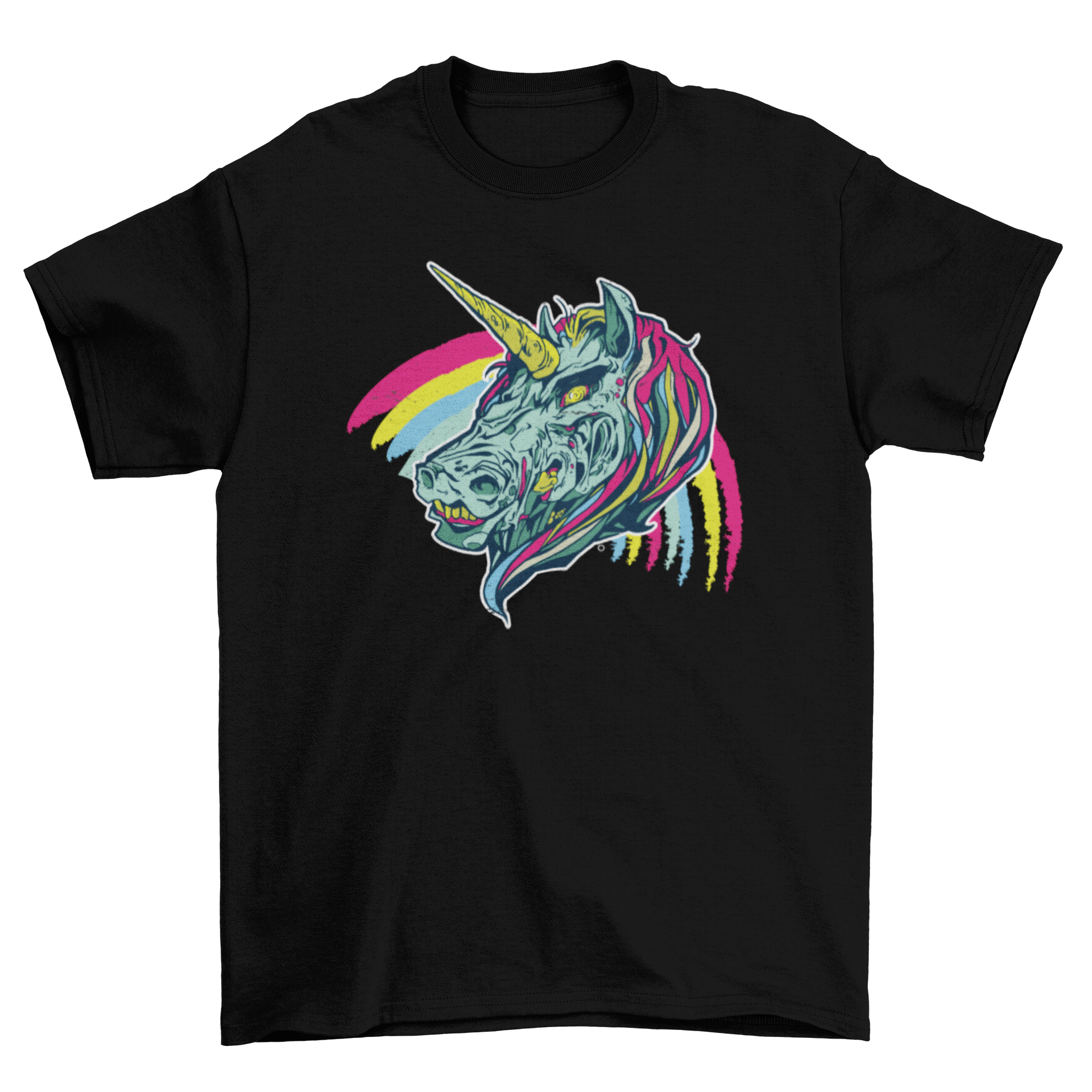 Creepy Unicorn T-shirt featuring a scary unicorn design over a colorful rainbow vector background.