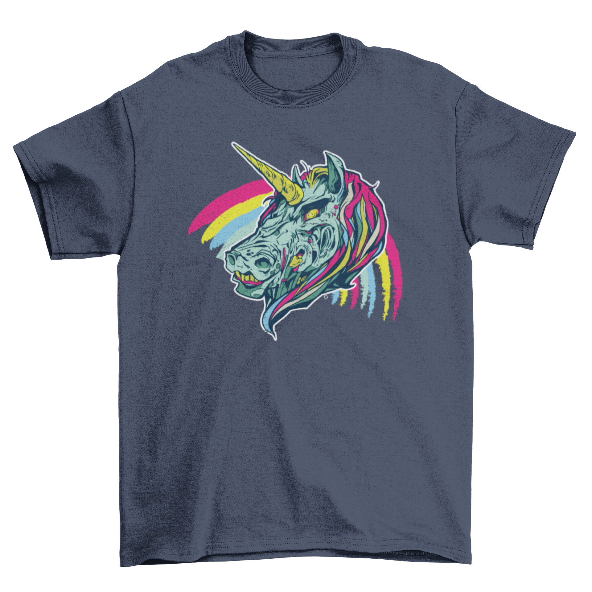 Creepy Unicorn T-shirt featuring a scary unicorn design over a colorful rainbow vector background.