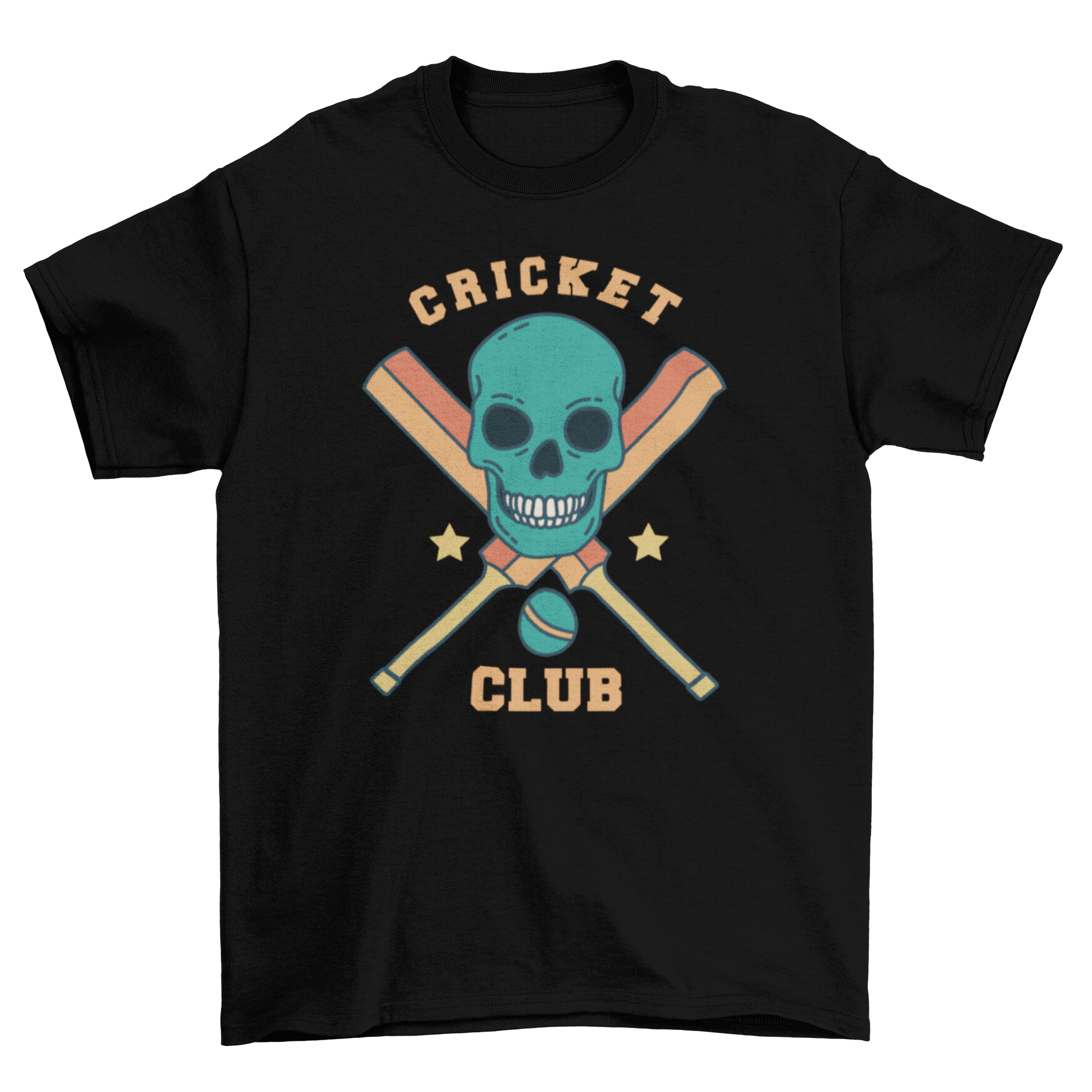 A stylish t-shirt featuring a skull design surrounded by cricket equipment and the quote 'Cricket Club'.