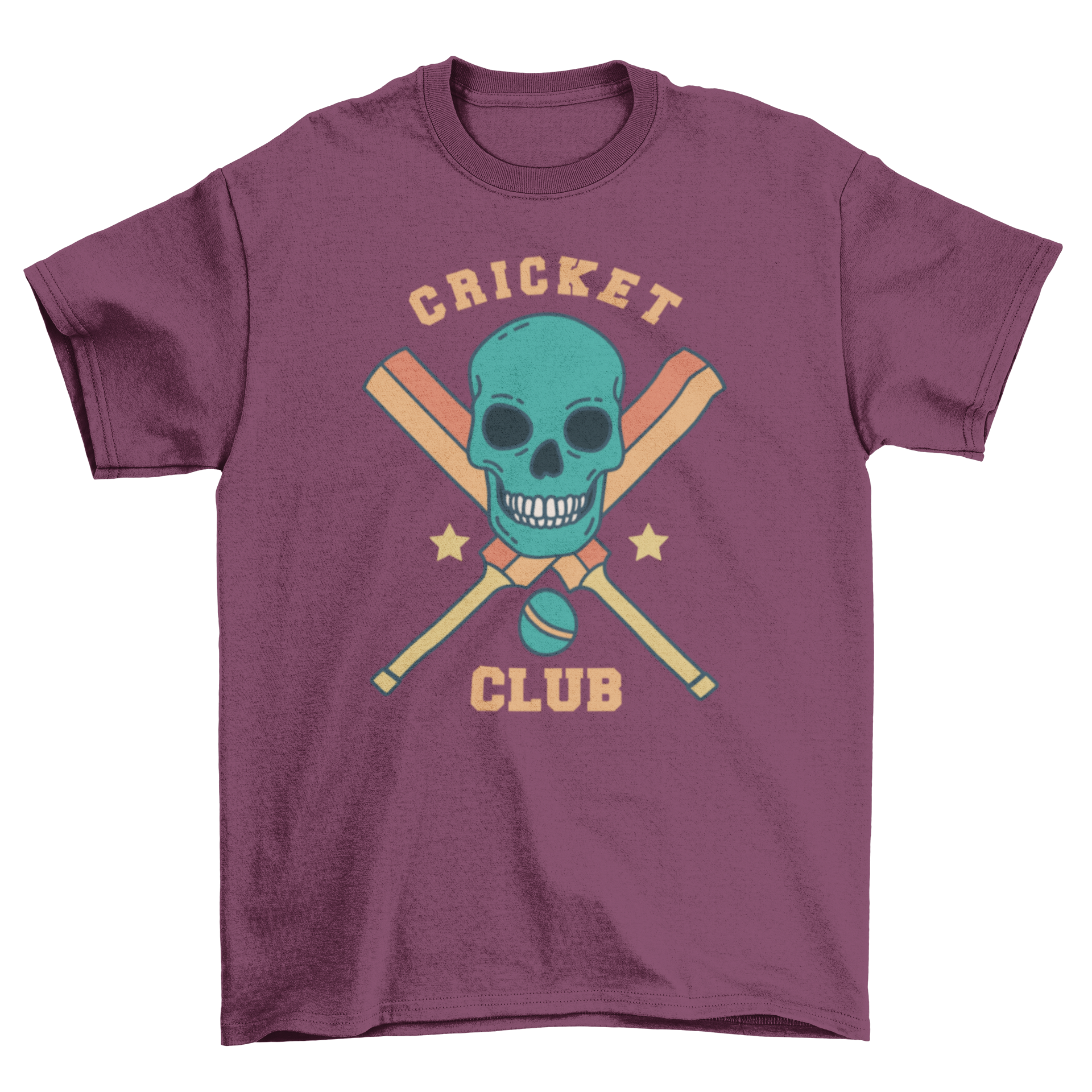 A stylish t-shirt featuring a skull design surrounded by cricket equipment and the quote 'Cricket Club'.