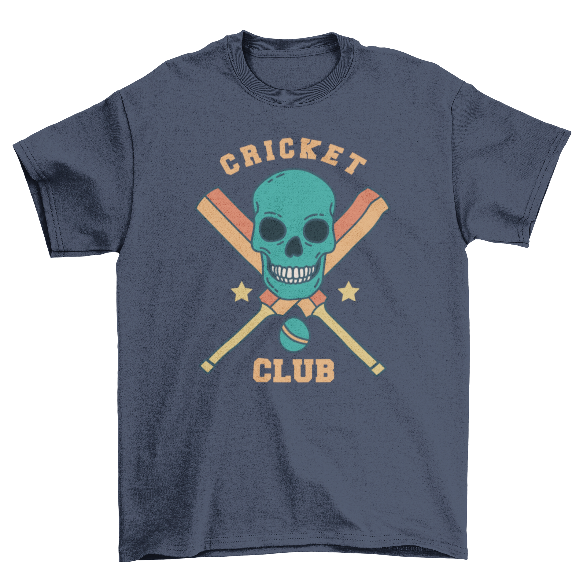 A stylish t-shirt featuring a skull design surrounded by cricket equipment and the quote 'Cricket Club'.