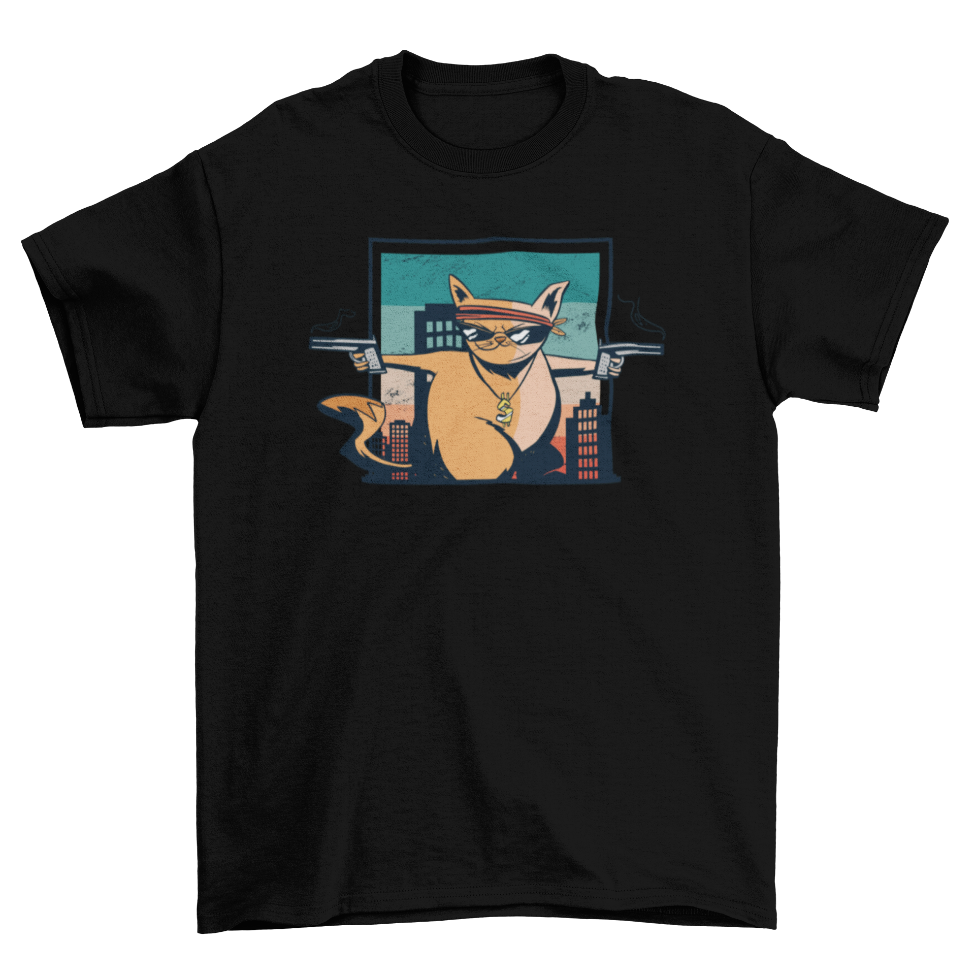 Criminal cat t-shirt featuring a cat with sunglasses and guns, showcasing a playful and edgy design.