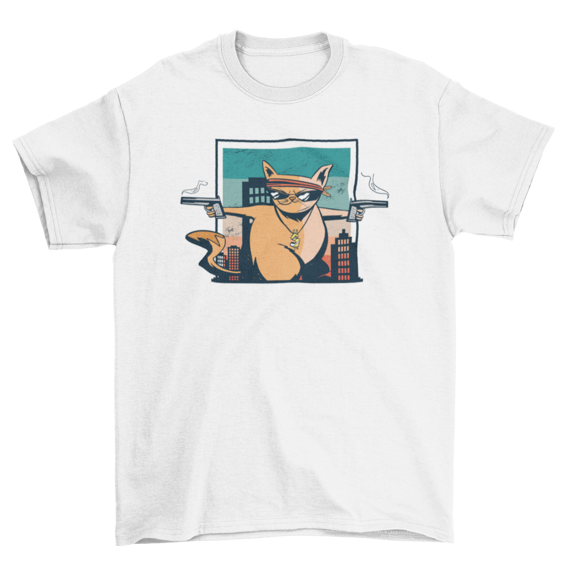 Criminal cat t-shirt featuring a cat with sunglasses and guns, showcasing a playful and edgy design.