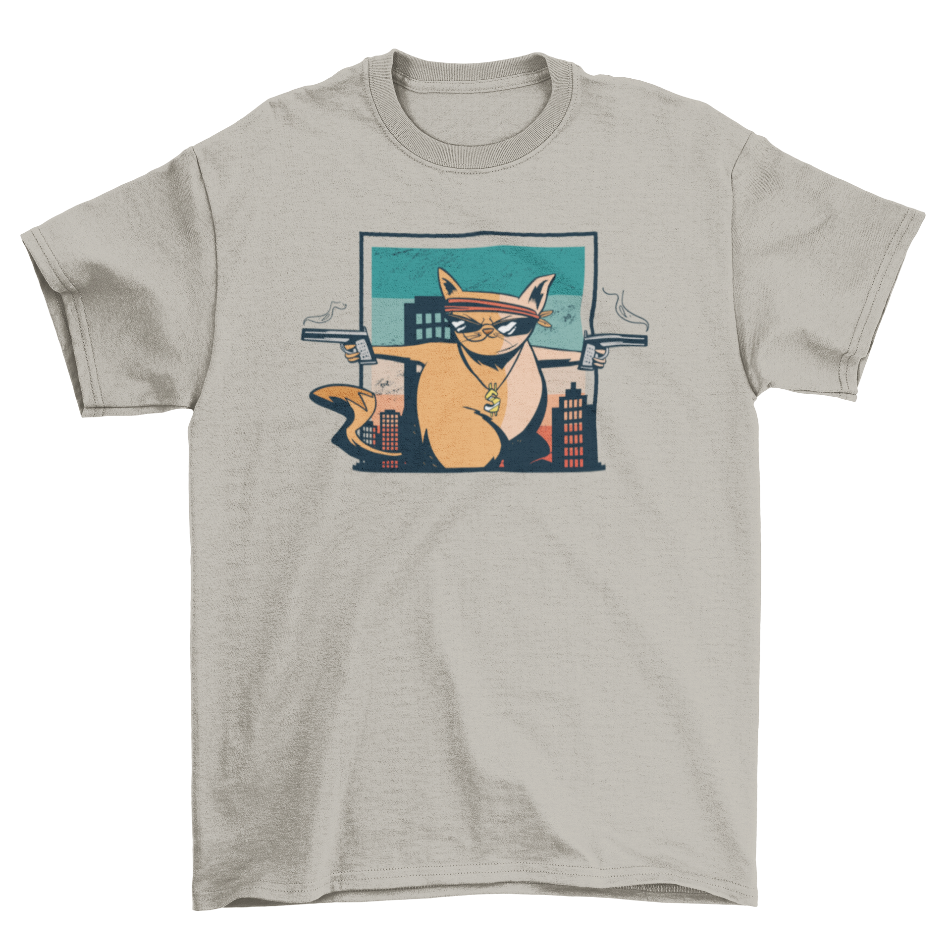 Criminal cat t-shirt featuring a cat with sunglasses and guns, showcasing a playful and edgy design.