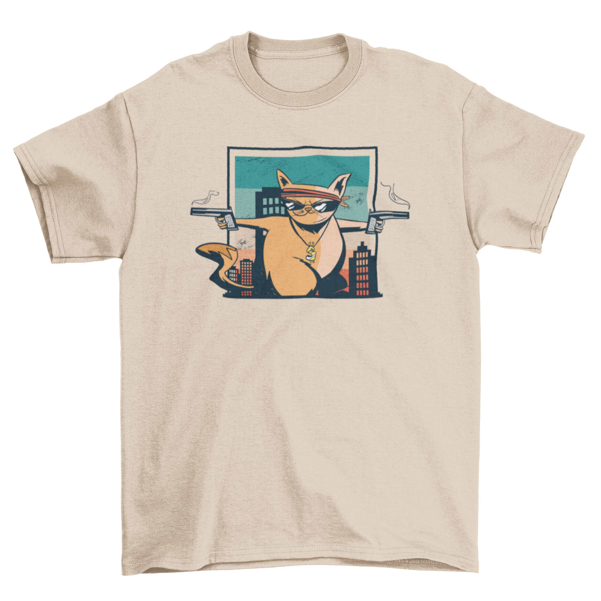 Criminal cat t-shirt featuring a cat with sunglasses and guns, showcasing a playful and edgy design.