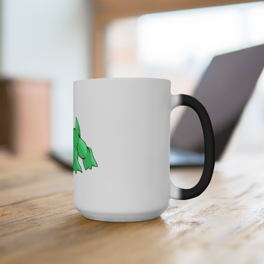 Crock Color Changing Mug showcasing its color transformation with a warm beverage inside, featuring a white ceramic design and C-handle.