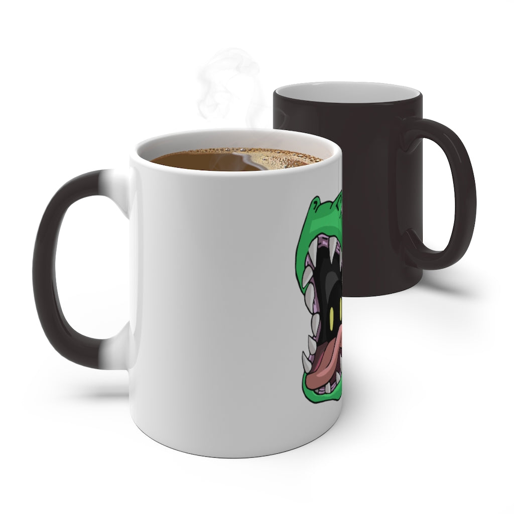 Crock Color Changing Mug showcasing its color transformation with a warm beverage inside, featuring a white ceramic design and C-handle.