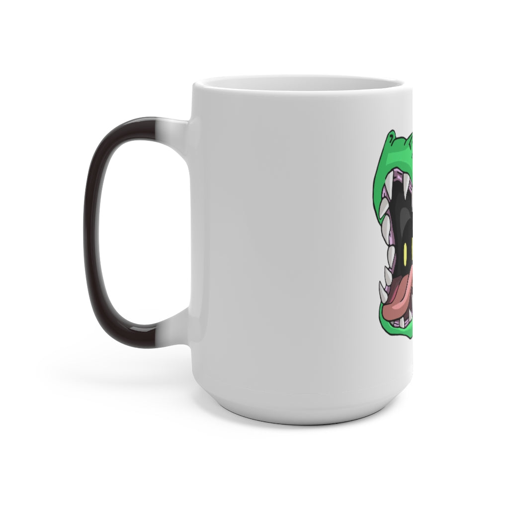 Crock Color Changing Mug showcasing its color transformation with a warm beverage inside, featuring a white ceramic design and C-handle.