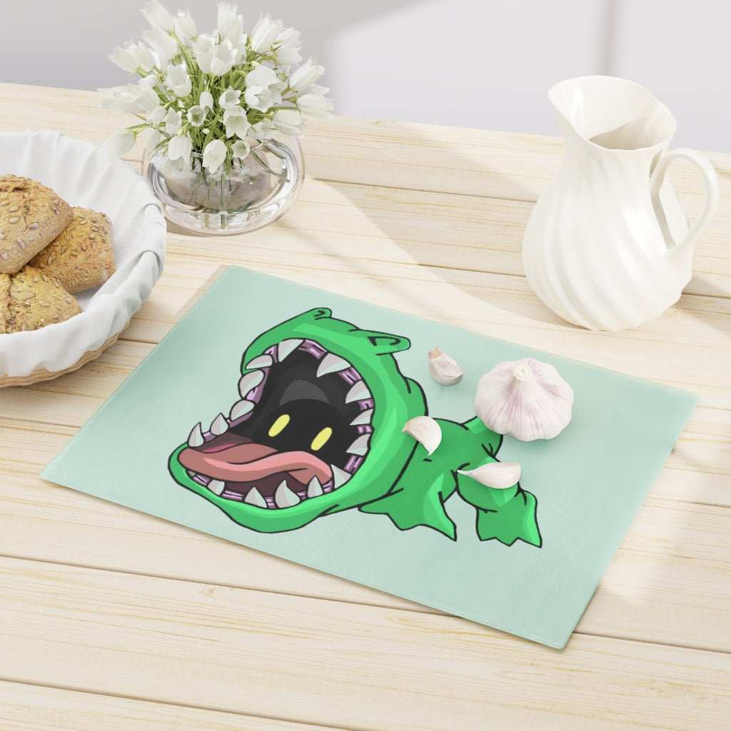 A stylish tempered glass cutting board with personalized design options and rubber dots for stability, perfect for any kitchen.