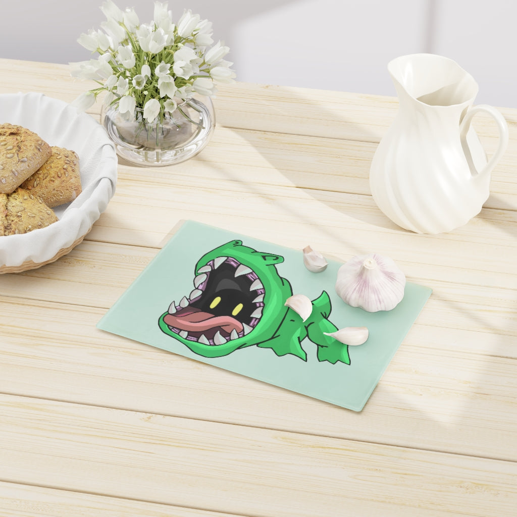 A stylish tempered glass cutting board with personalized design options and rubber dots for stability, perfect for any kitchen.