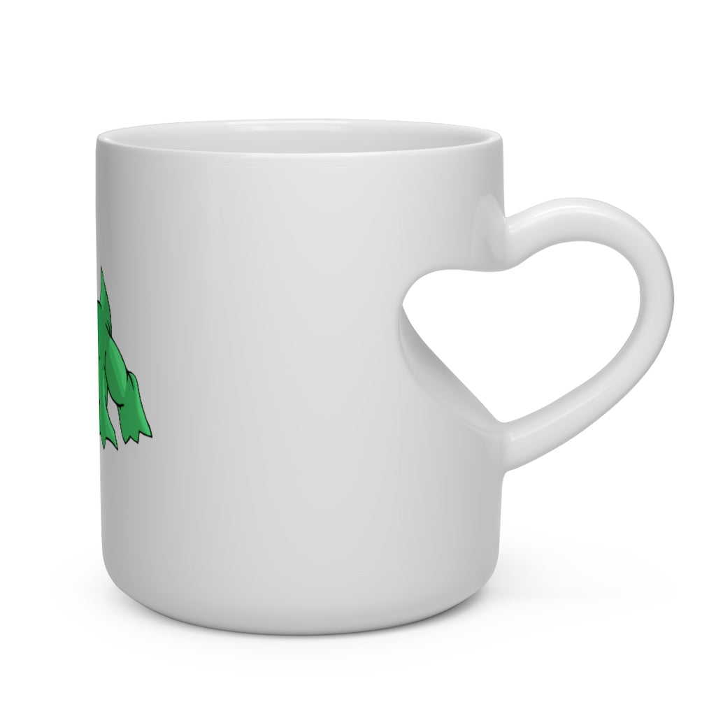 A white ceramic heart-shaped mug with a heart-shaped handle, perfect for hot beverages.