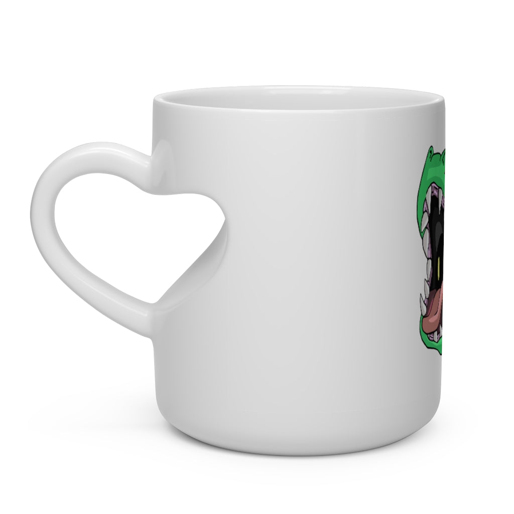 A white ceramic heart-shaped mug with a heart-shaped handle, perfect for hot beverages.