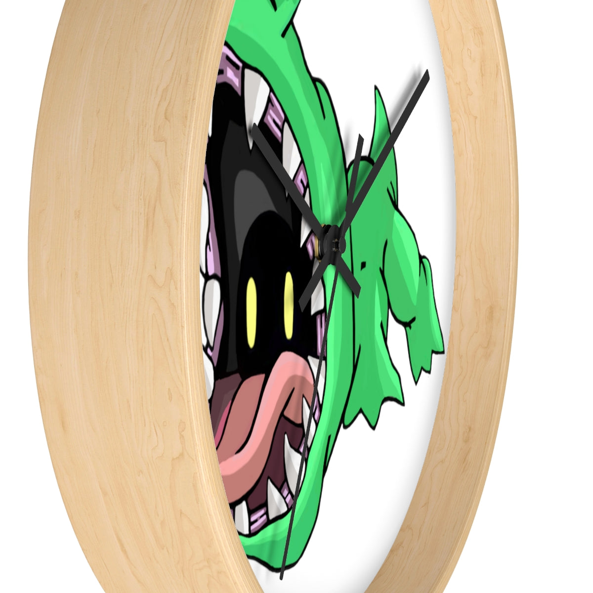 Crock Wall Clock featuring a wooden frame and plexiglass face, designed for indoor use with a silent mechanism.