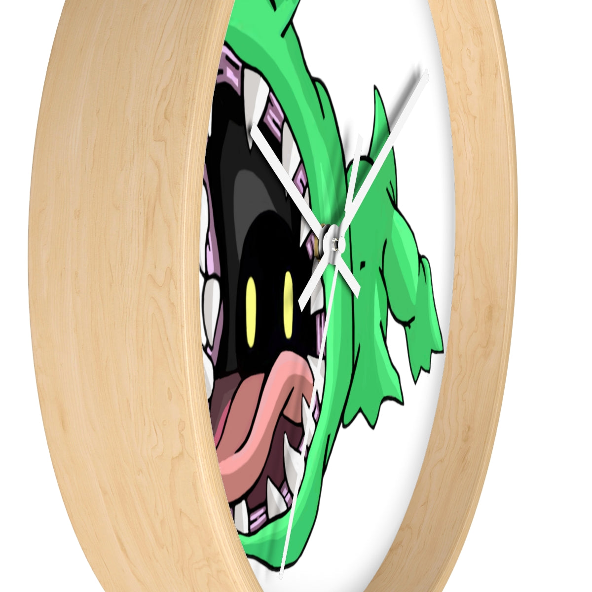 Crock Wall Clock featuring a wooden frame and plexiglass face, designed for indoor use with a silent mechanism.