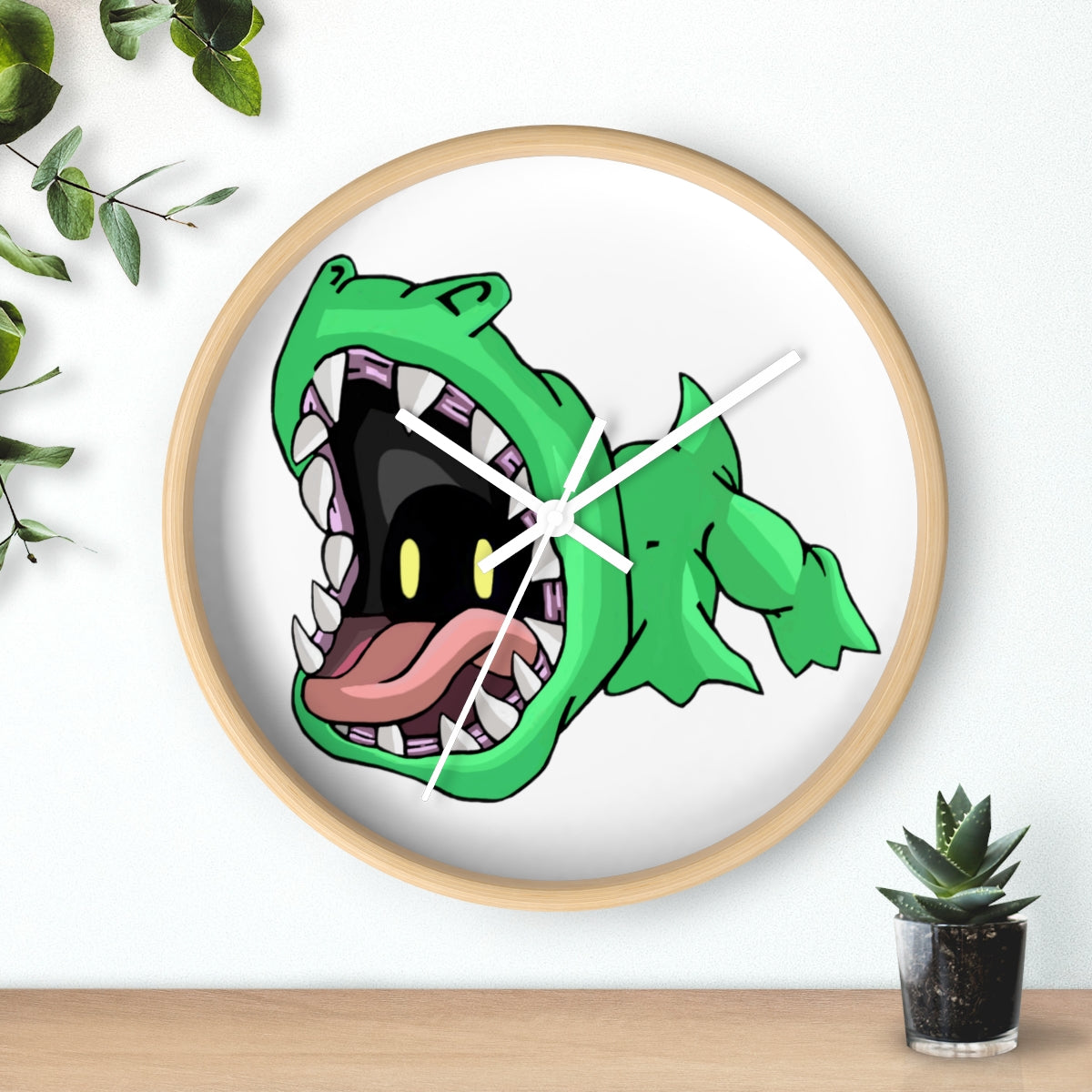 Crock Wall Clock featuring a wooden frame and plexiglass face, designed for indoor use with a silent mechanism.