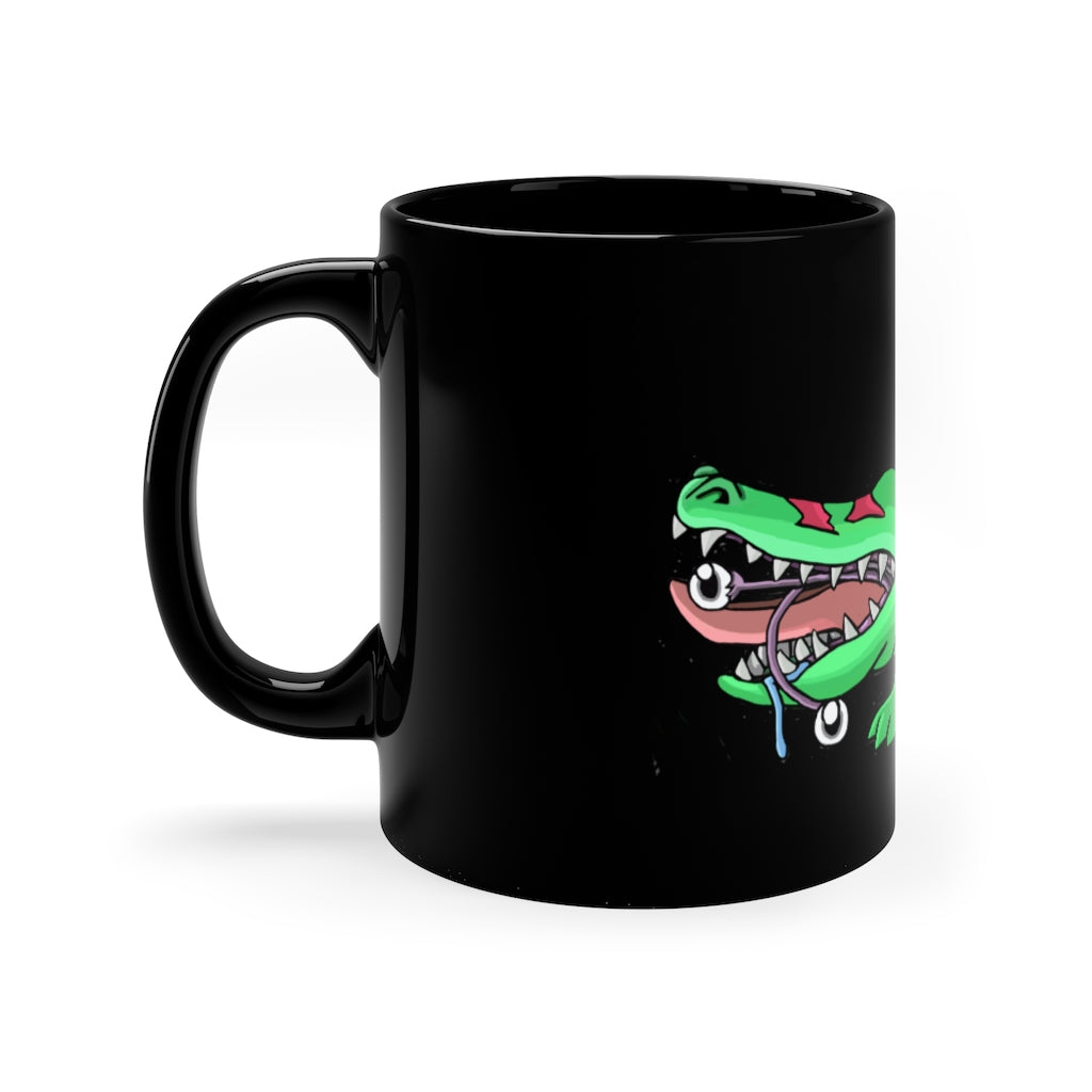 Crocodilas 11oz black ceramic mug with C-handle, perfect for coffee, tea, or hot chocolate.