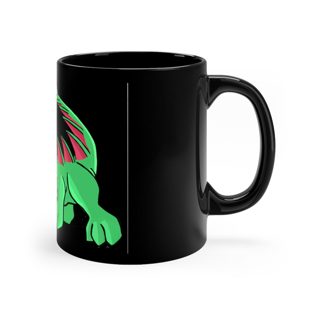 Crocodilas 11oz black ceramic mug with C-handle, perfect for coffee, tea, or hot chocolate.