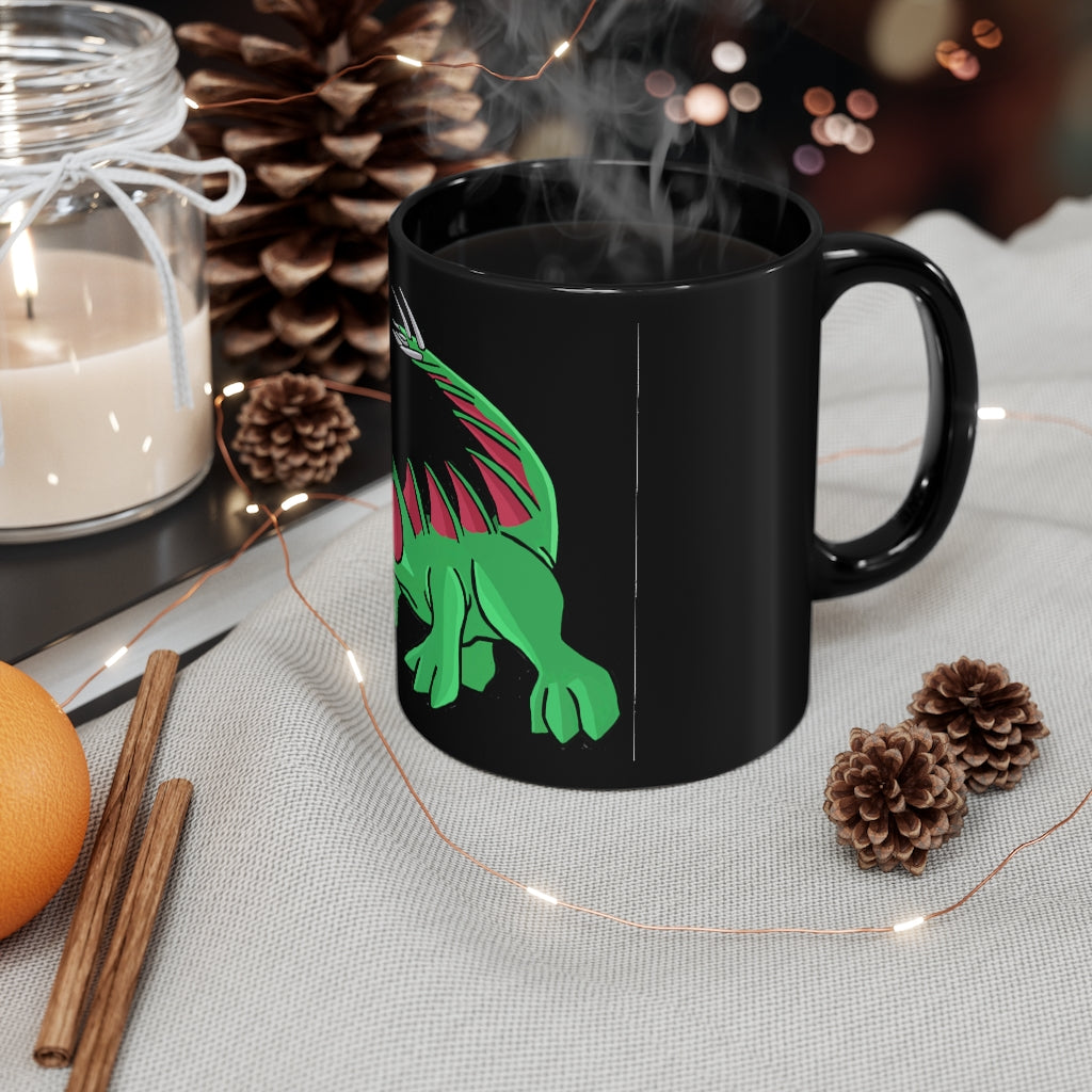 Crocodilas 11oz black ceramic mug with C-handle, perfect for coffee, tea, or hot chocolate.