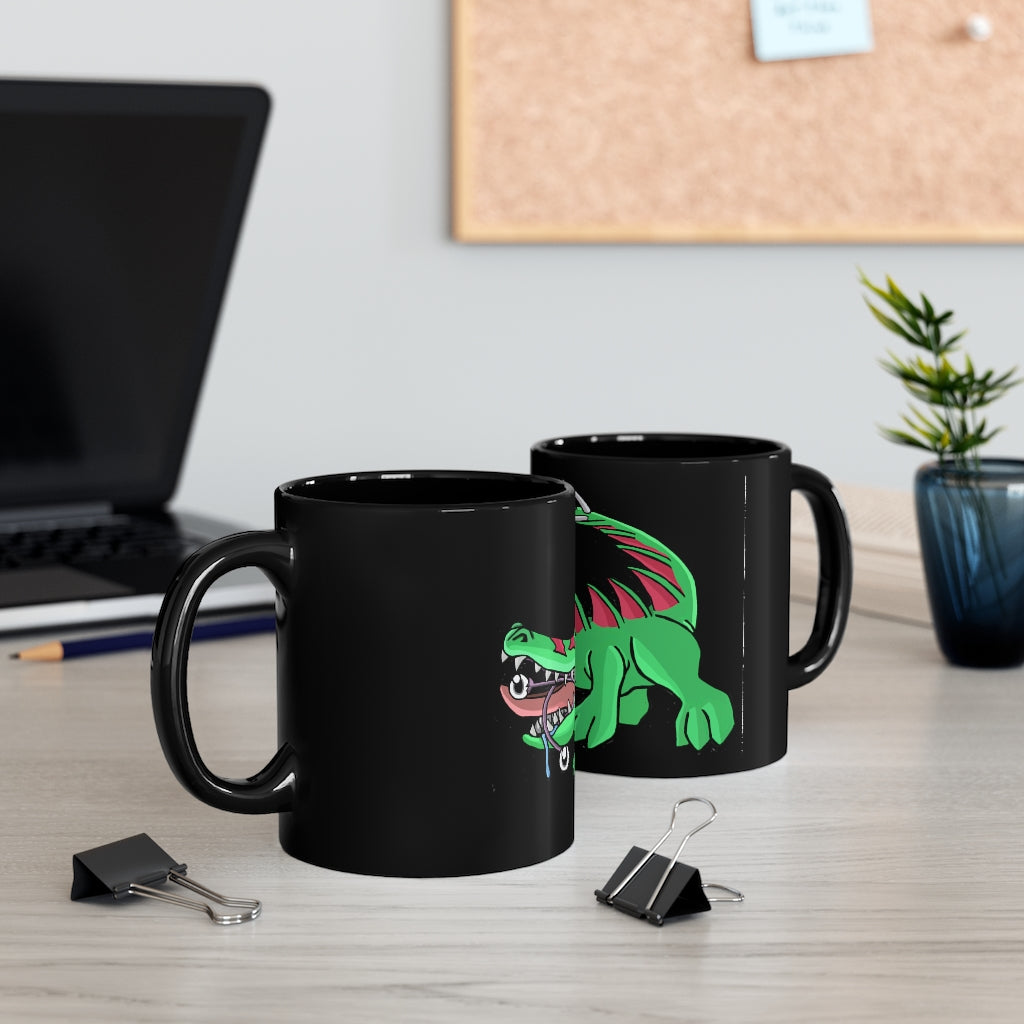 Crocodilas 11oz black ceramic mug with C-handle, perfect for coffee, tea, or hot chocolate.