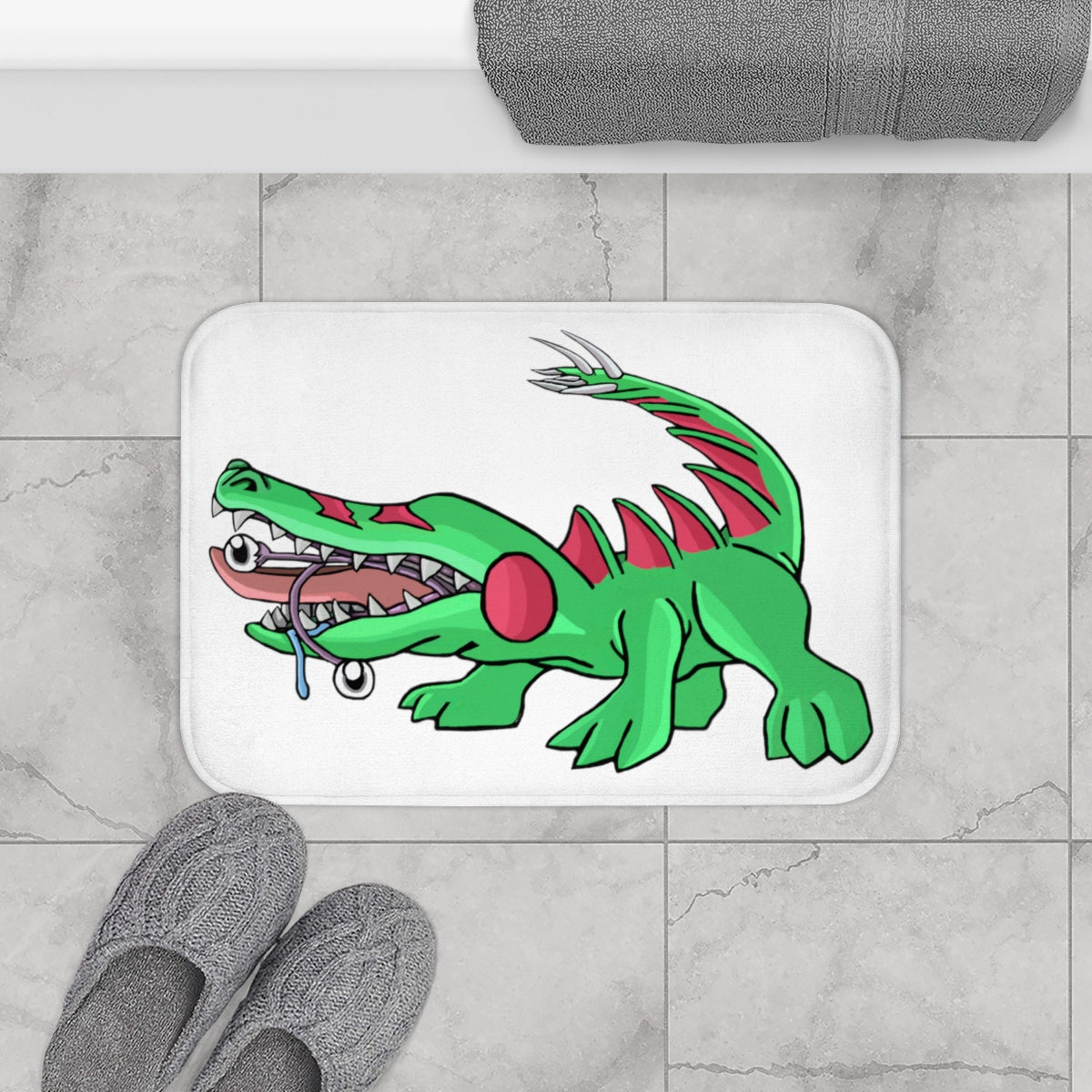 Crocodilas Bath Mat featuring a stylish design with anti-slip backing, made from soft microfiber, available in two sizes.