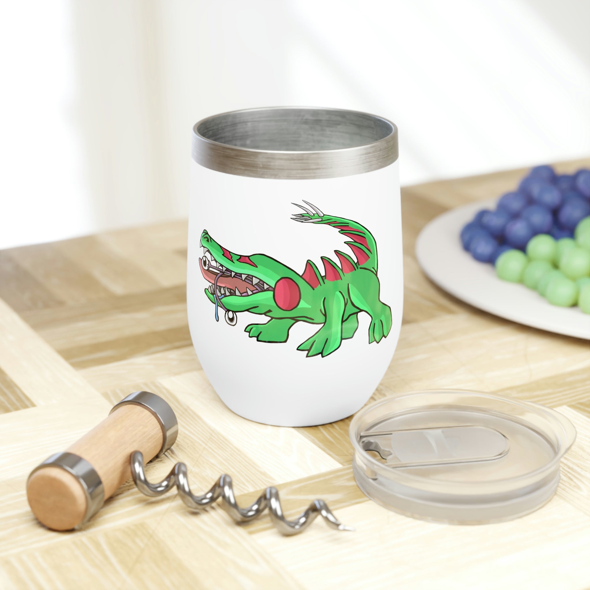 Crocodilas Chill Wine Tumbler in stainless steel with double-insulated walls, showcasing its sleek and modern design.