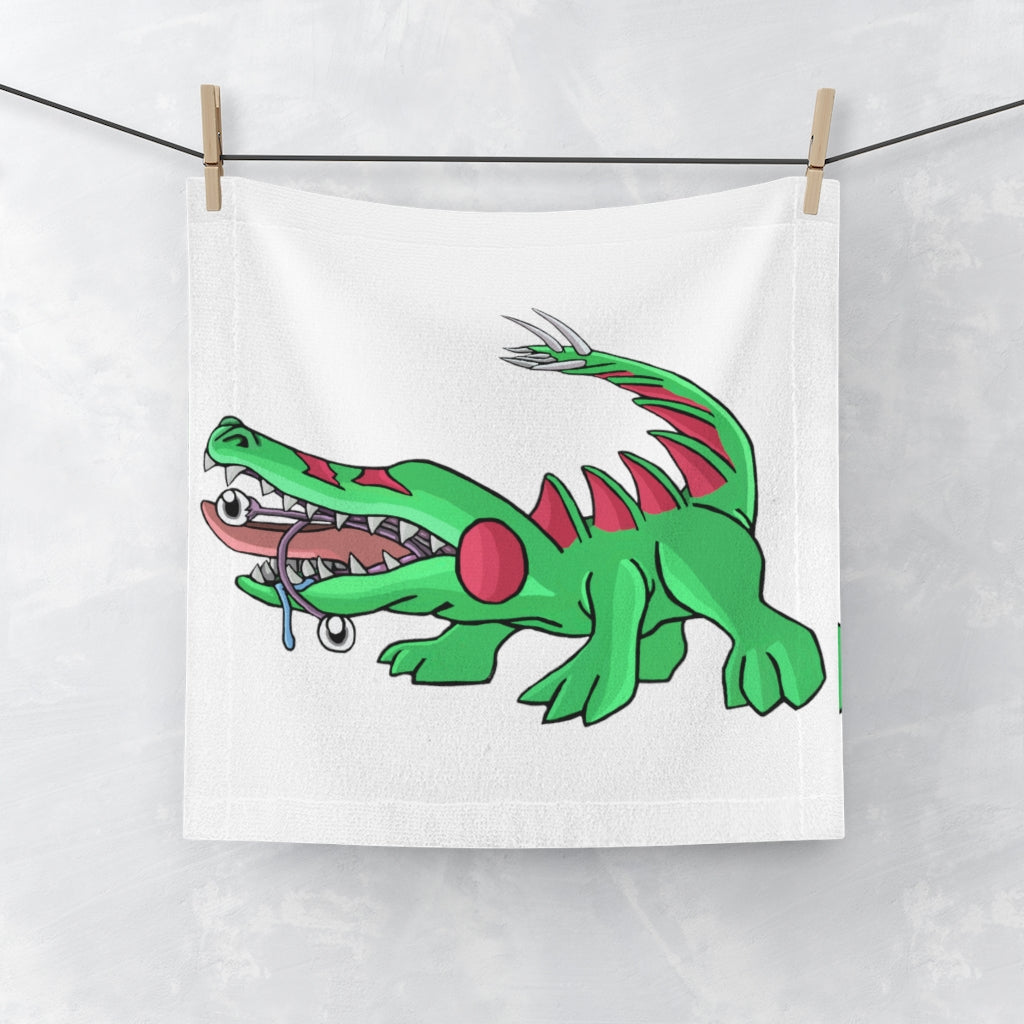 Crocodilas Face Towel featuring a customizable polyester front and soft cotton back, ideal for personal designs.