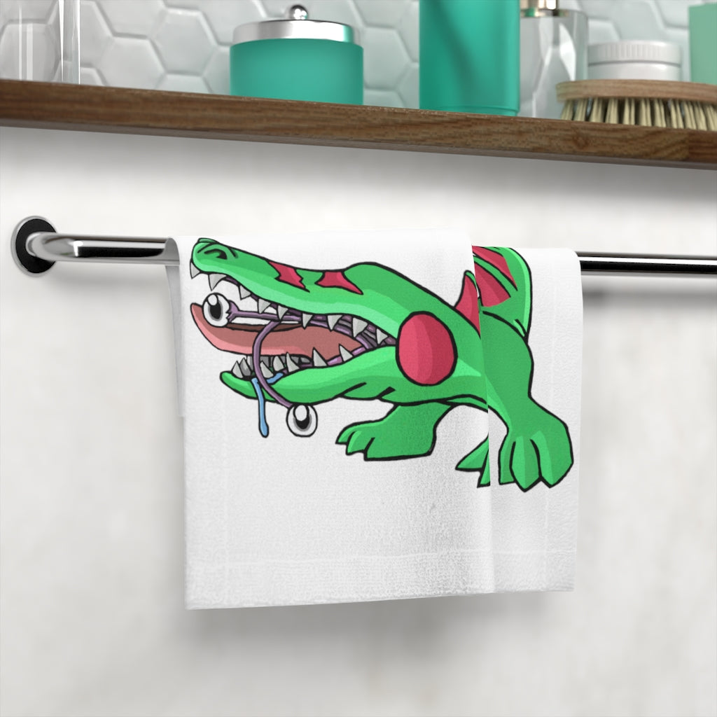 Crocodilas Face Towel featuring a customizable polyester front and soft cotton back, ideal for personal designs.