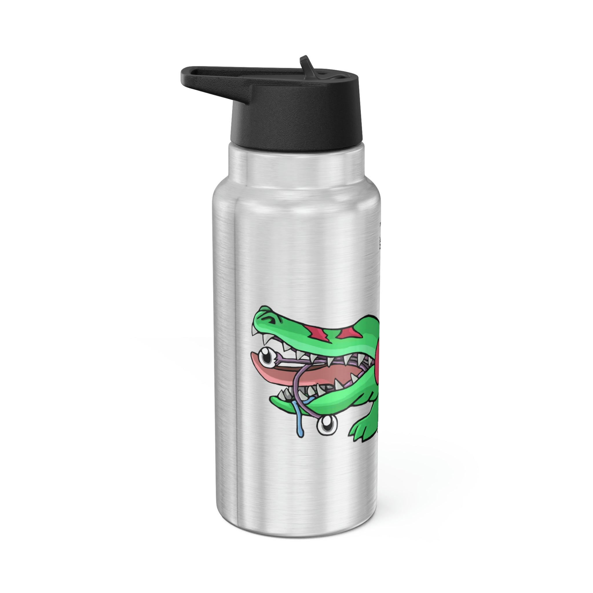 Crocodilas Gator Tumbler in stainless steel with a black cap and straw, showcasing a customizable design.