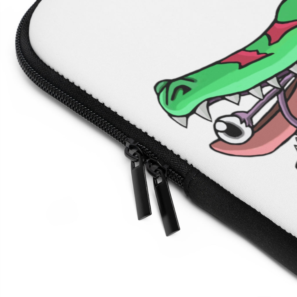 Crocodilas Laptop Sleeve featuring customizable front design and dual zipper enclosures, made from water-resistant neoprene material.