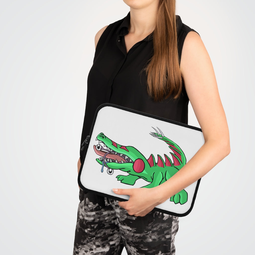 Crocodilas Laptop Sleeve featuring customizable front design and dual zipper enclosures, made from water-resistant neoprene material.